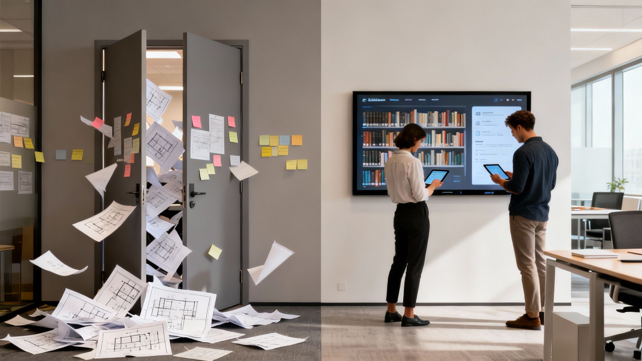 Chaos of scattered papers versus two people using a modern digital knowledge management system on a large screen.