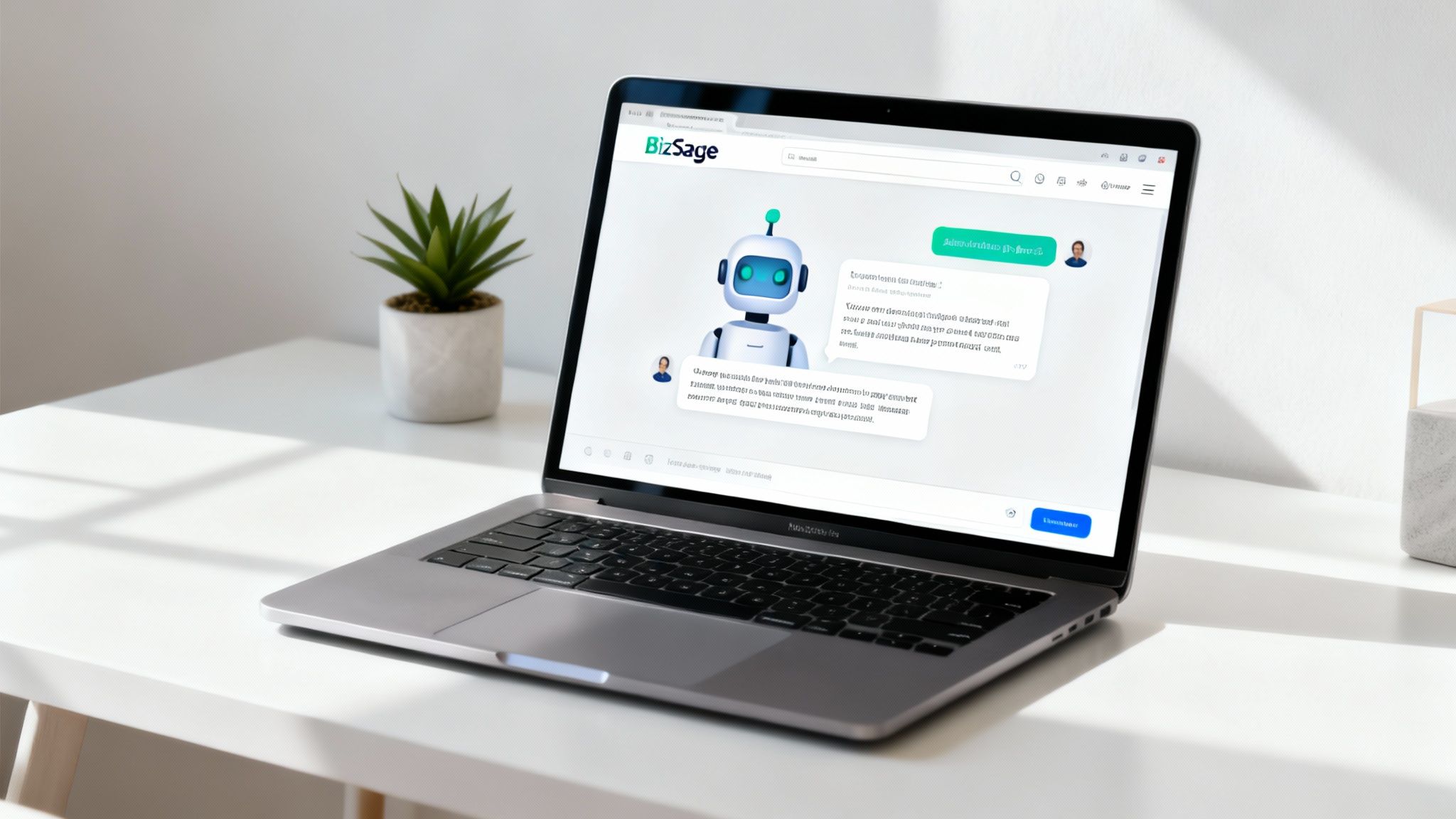 A laptop on a white desk displays a BizSage AI chatbot interface with a robot and user avatars.