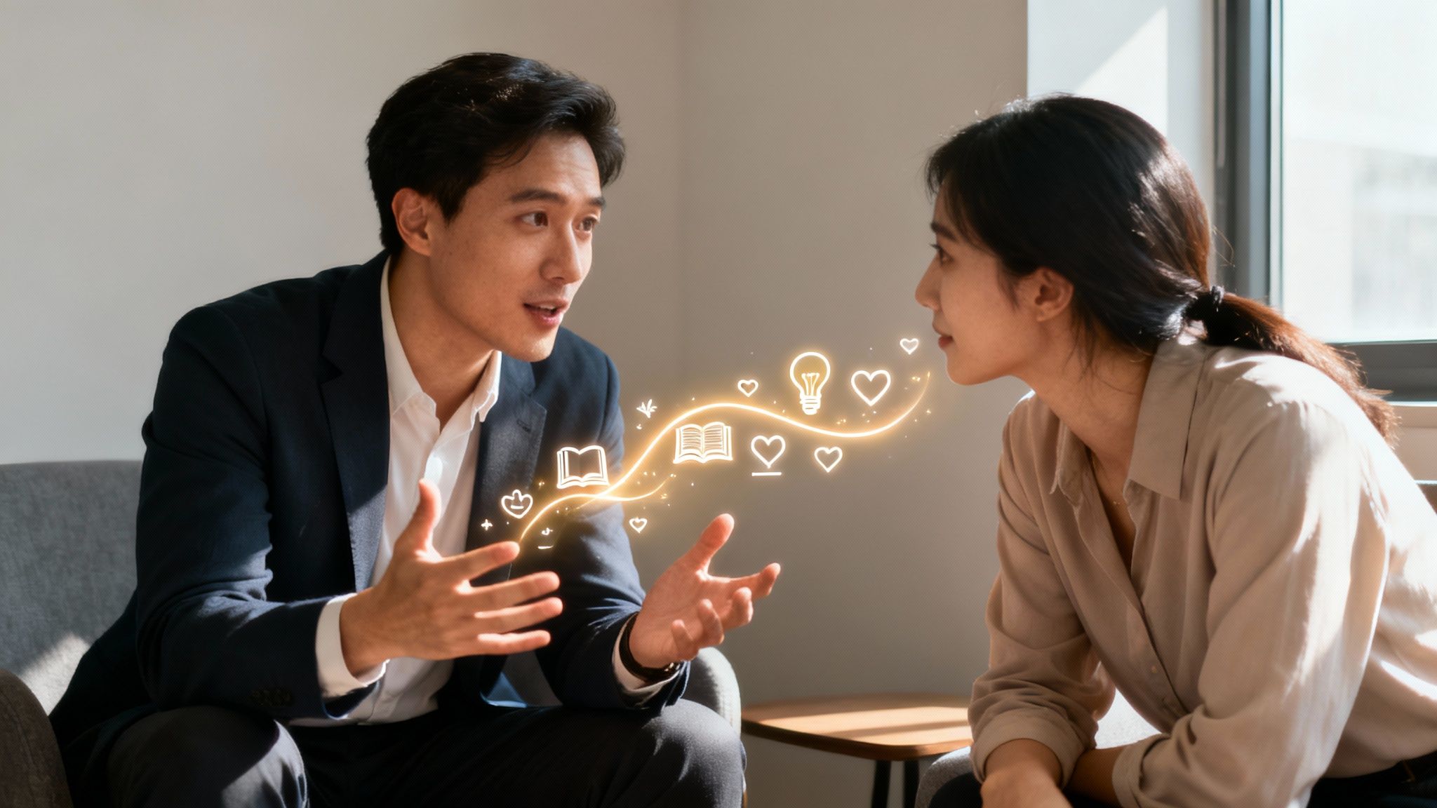 Two individuals engage in a conversation, sharing glowing ideas and knowledge symbolized by icons.