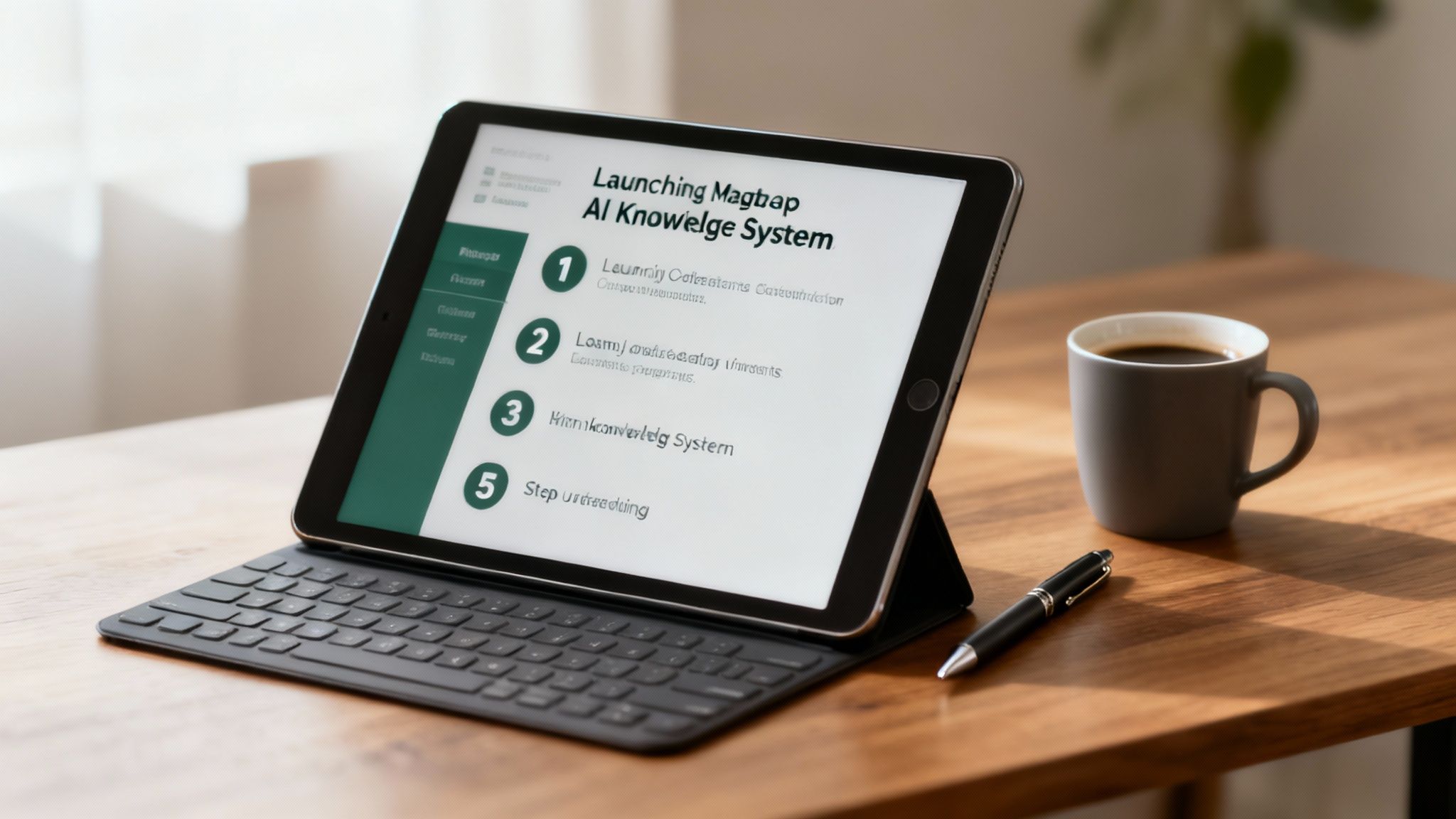 A tablet displaying an AI knowledge system on a wooden desk with coffee and a pen.