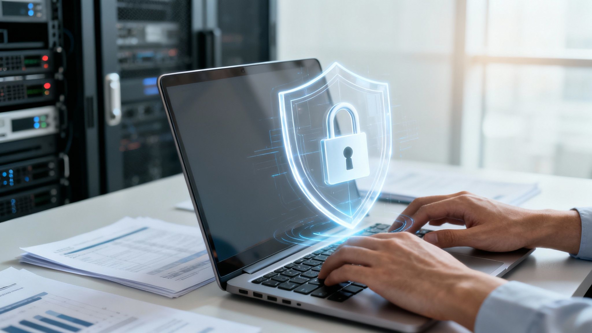 Person typing on a laptop with a glowing cybersecurity shield icon in a server room setting.