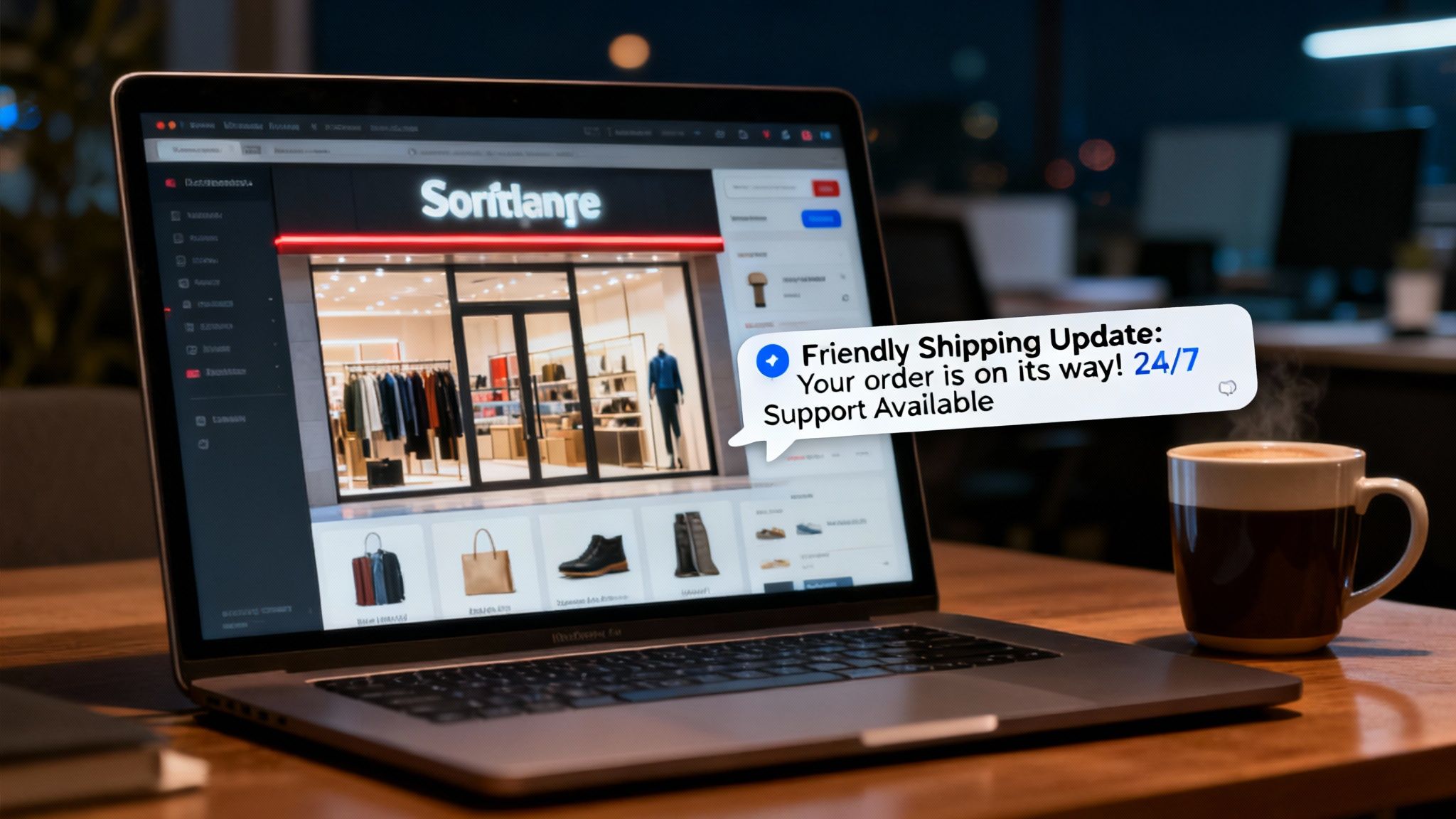 A laptop displays an e-commerce website with a shipping update notification and a coffee mug.