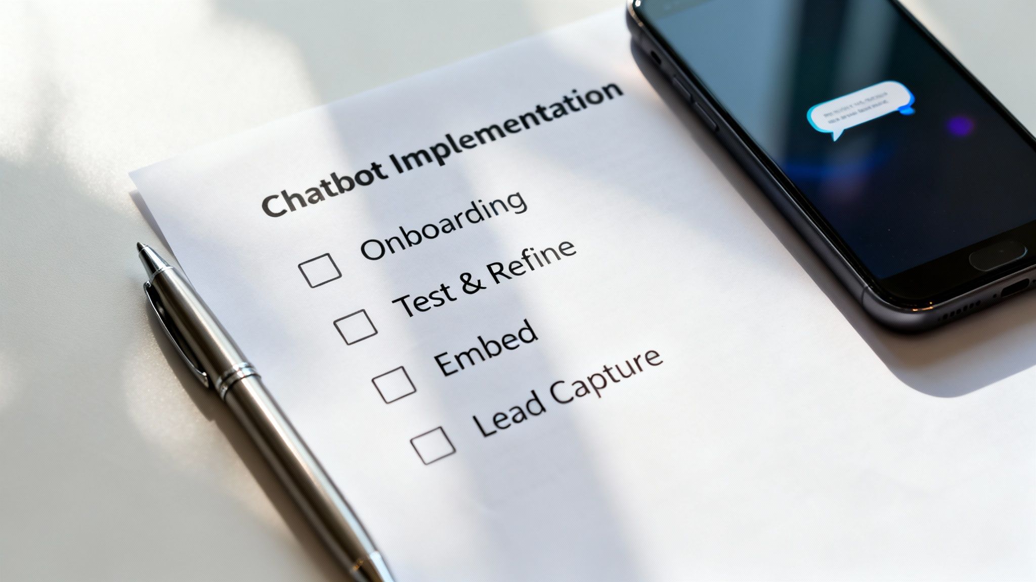 Paper checklist for chatbot implementation, showing steps: onboarding, testing, and lead capture, beside a smartphone.