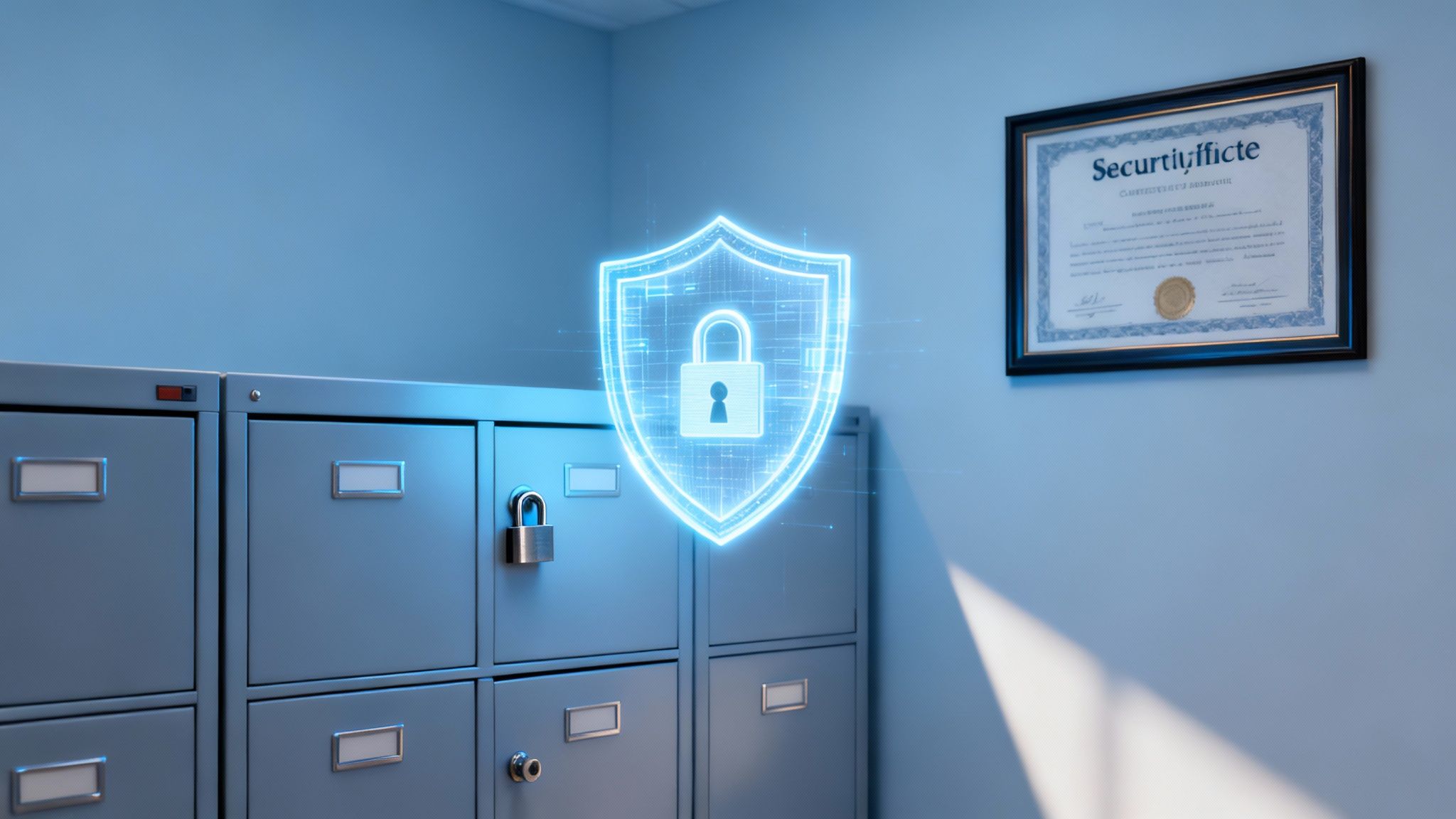 Digital shield with padlock protecting filing cabinets and a security certificate on a light blue wall.