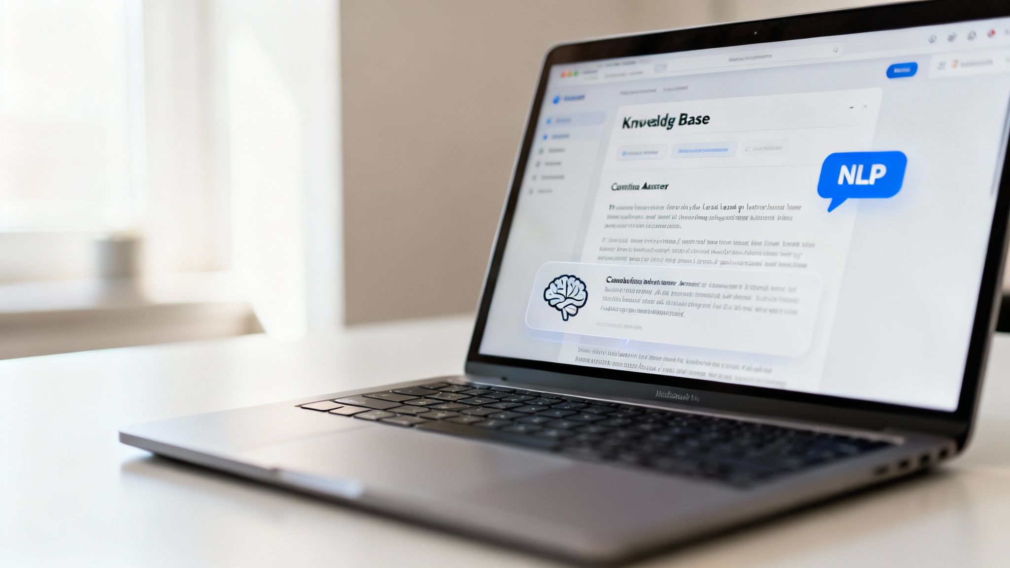 A laptop displays an AI-powered knowledge base interface with NLP and brain icons on a white desk.