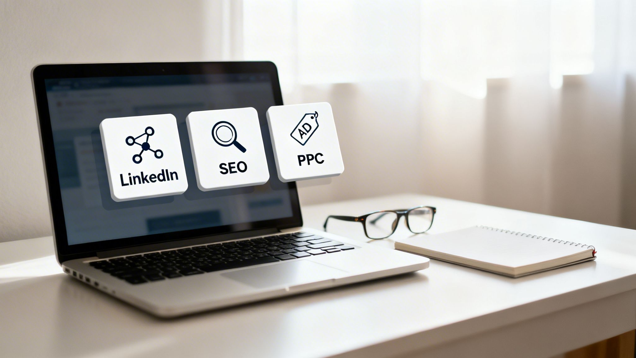 A laptop on a desk showing LinkedIn, SEO, and PPC icons, representing digital marketing strategies.