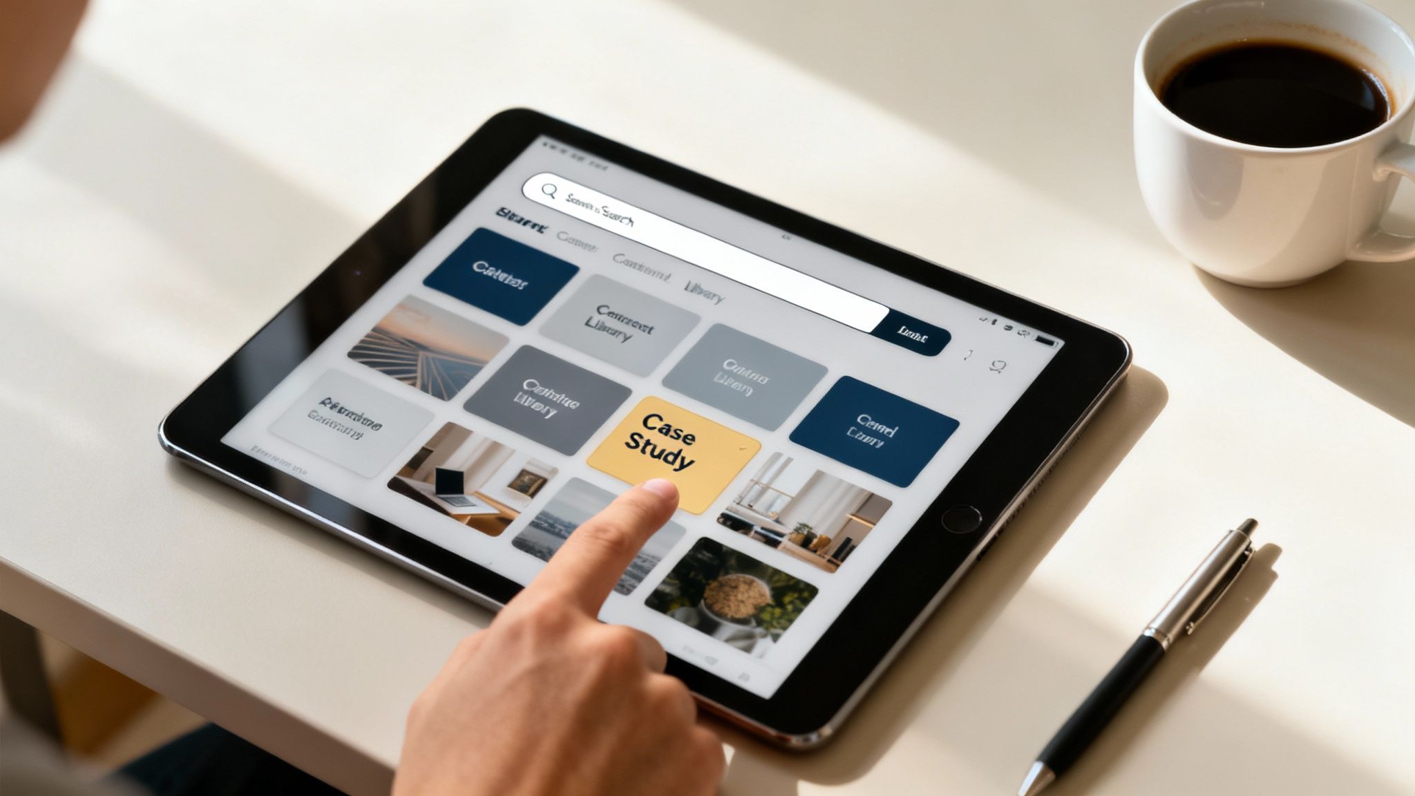 A person's finger taps 'Case Study' on a tablet displaying a content library, with coffee and a pen nearby.