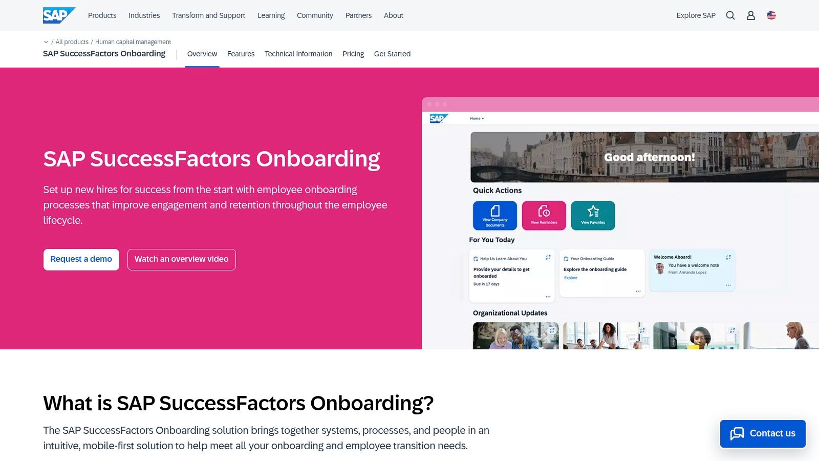 SAP SuccessFactors Onboarding dashboard showing key metrics and onboarding tasks.