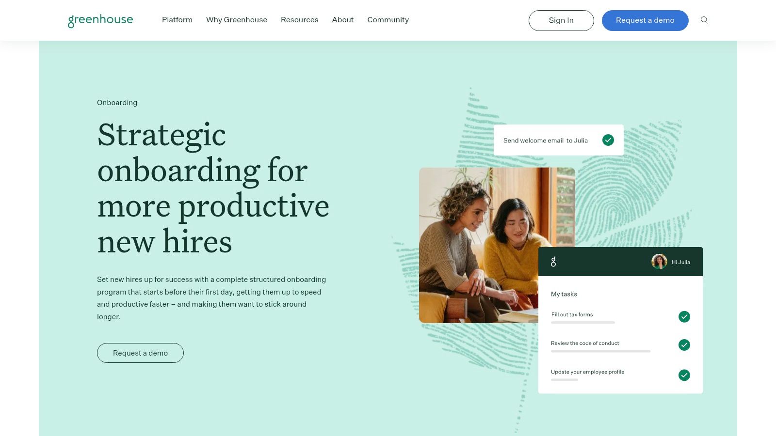 Greenhouse Onboarding interface showing a new hire's tasks and onboarding plan.