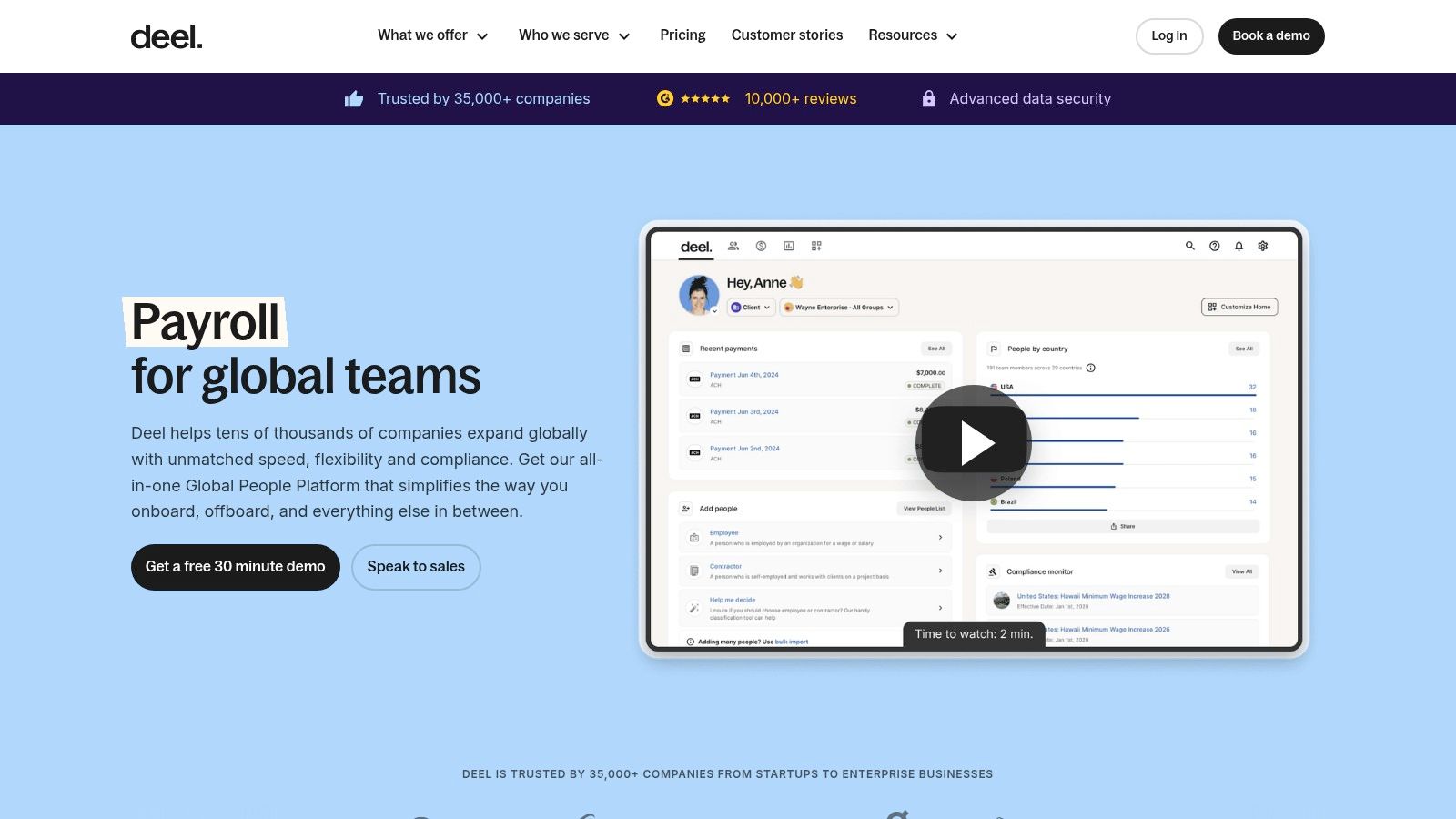 Deel payroll dashboard showing contractor payments and invoices.