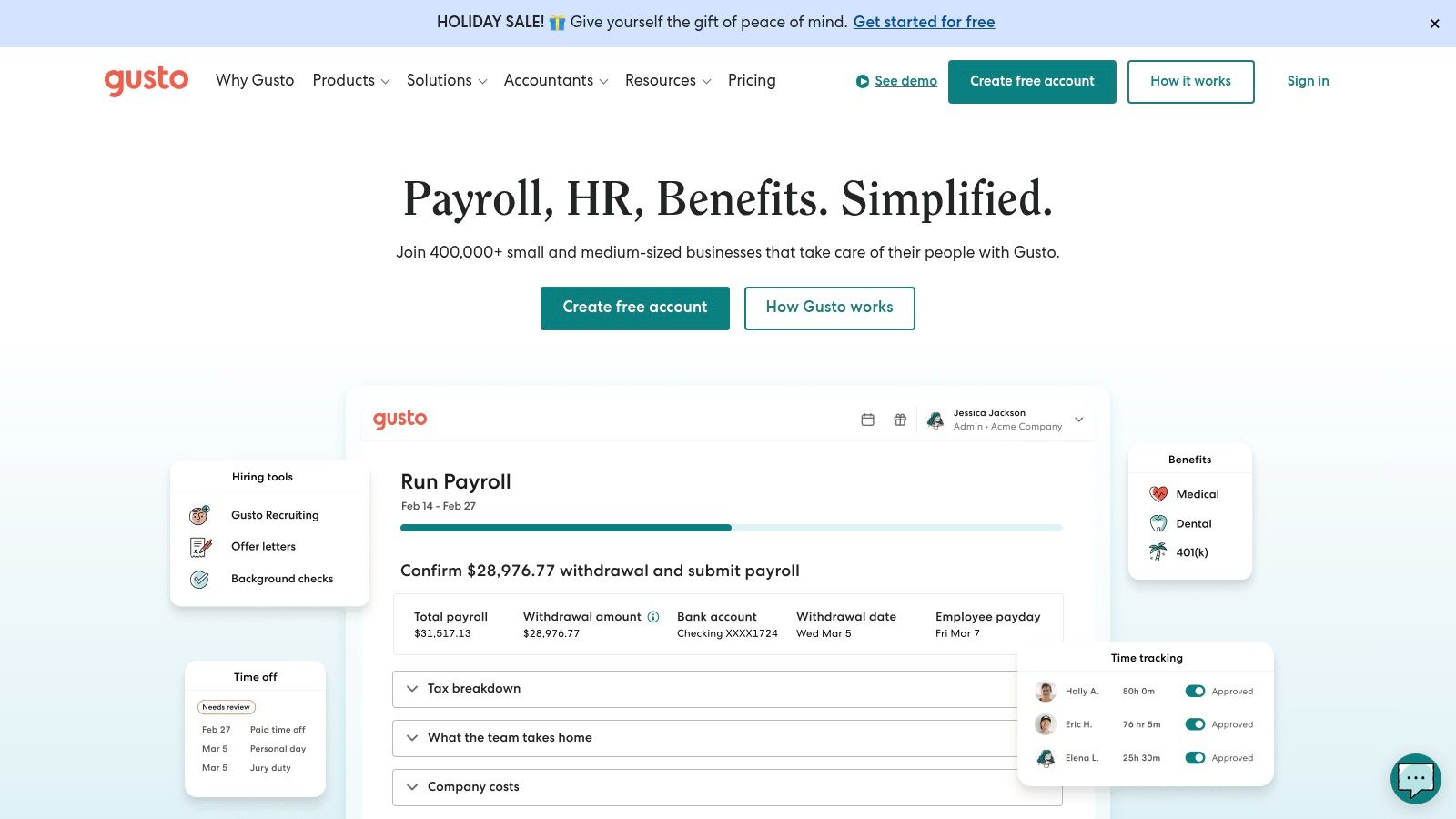 Gusto payroll dashboard showing upcoming payroll runs and key dates.