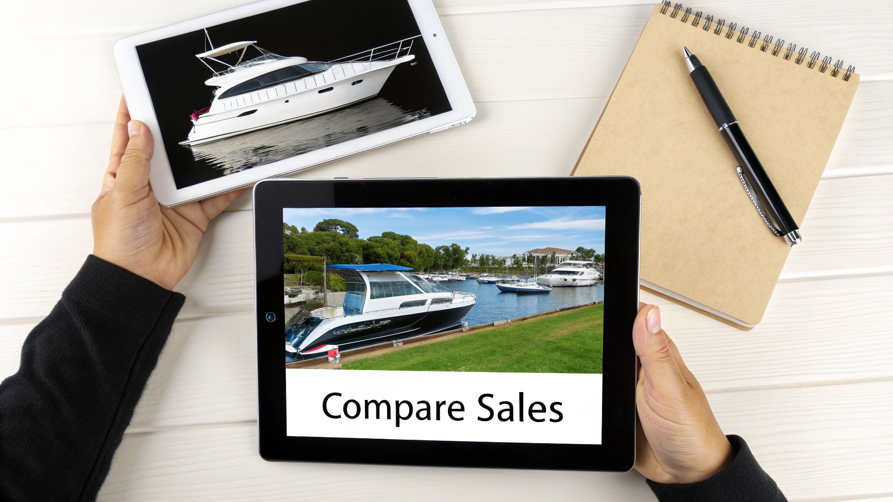 Two people browsing listings on a tablet, researching the value of RVs and boats.