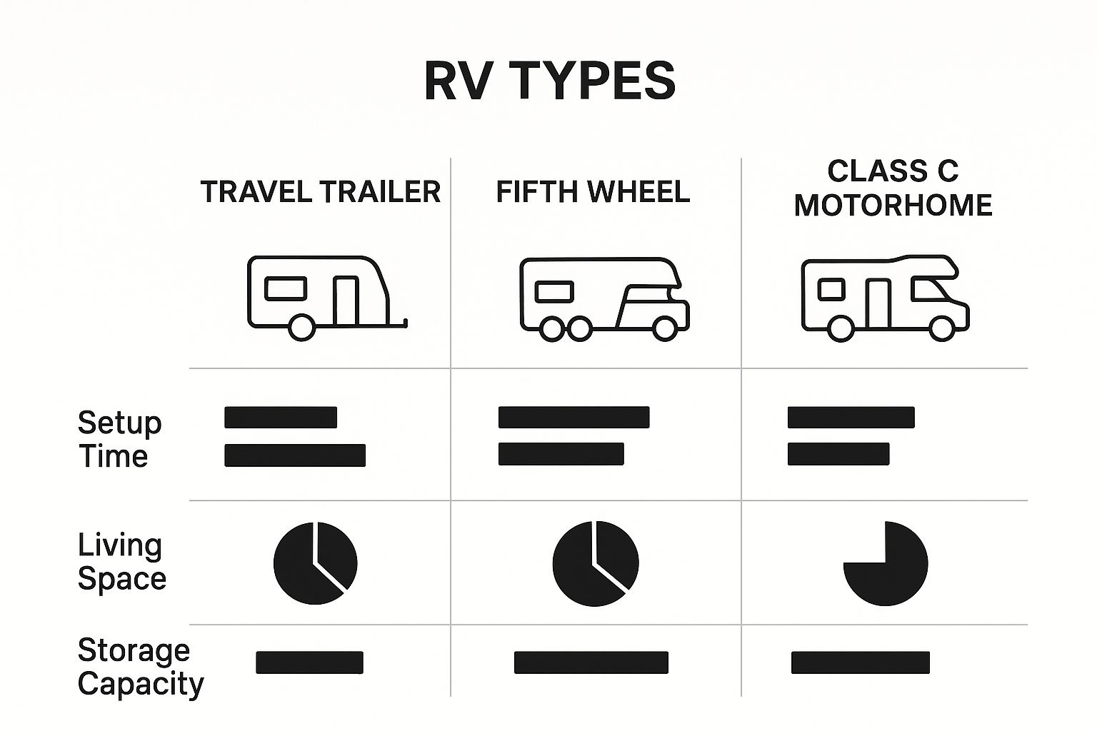 Infographic comparing Travel Trailers, Fifth Wheels, and Class C Motorhomes on setup time, living space, and storage.