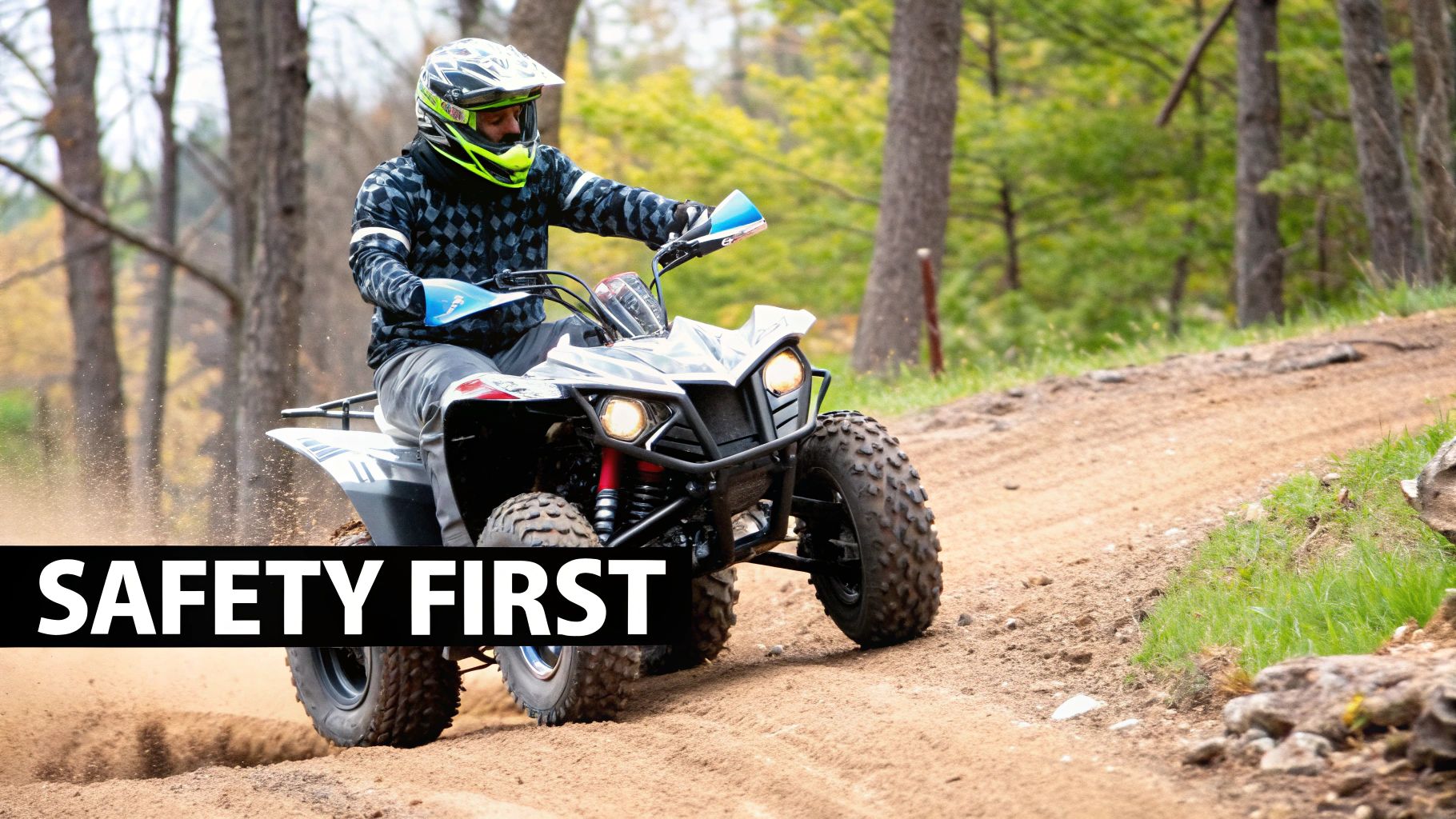 A person wearing a helmet, goggles, and riding gear stands next to their new ATV.