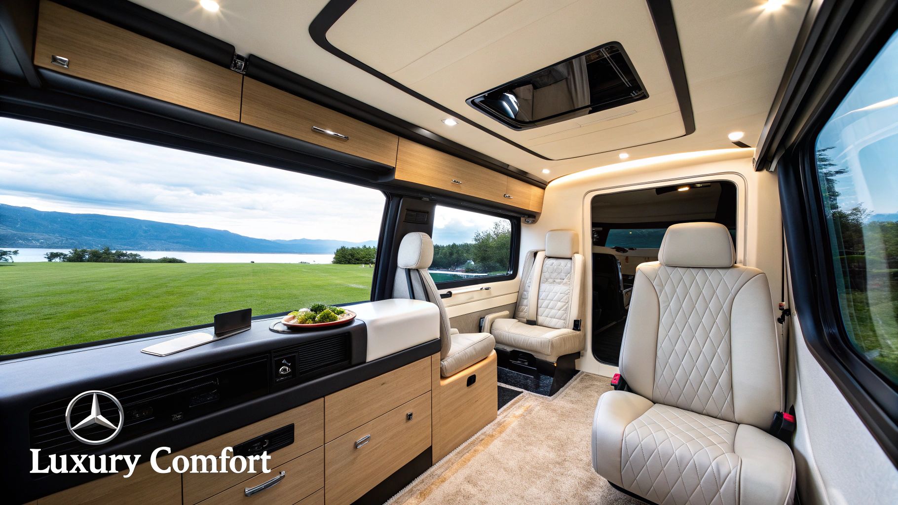 A sleek Airstream Interstate Mercedes driving on a scenic road with mountains in the background