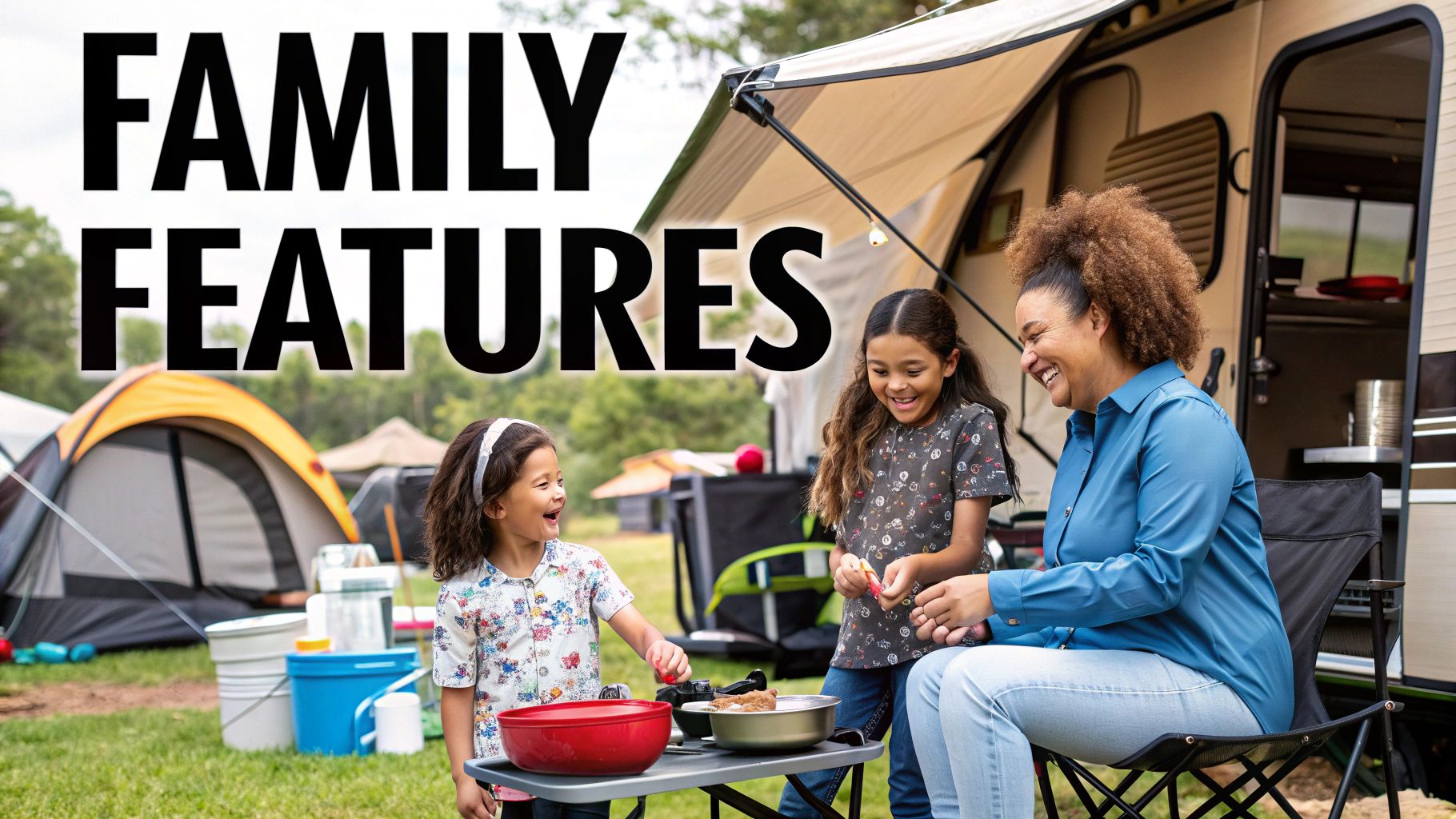 Family enjoying an outdoor RV kitchen at a campsite