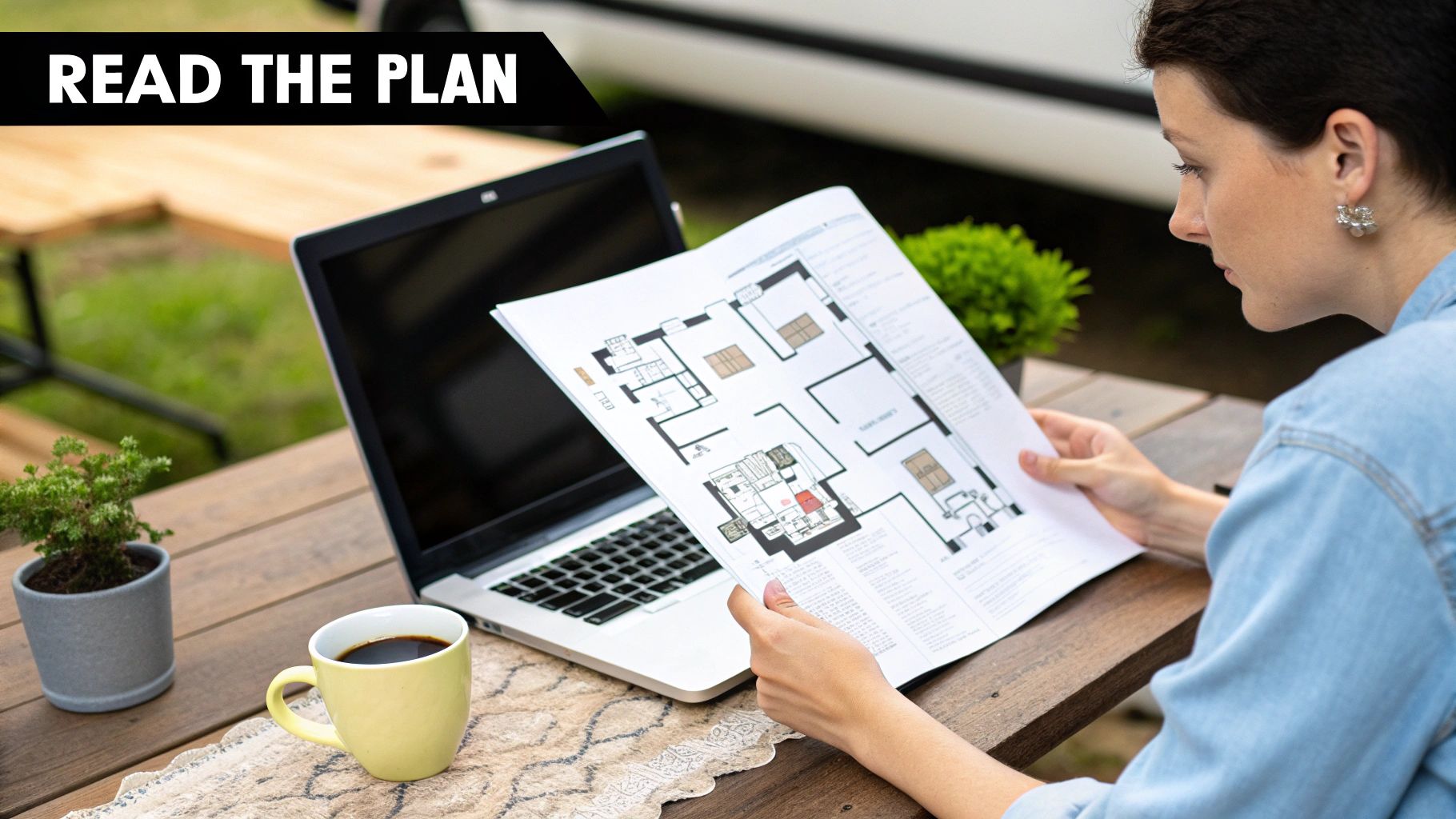 A detailed top-down view of a Keystone travel trailer floorplan, showing the layout of the bedroom, bathroom, kitchen, and living area.