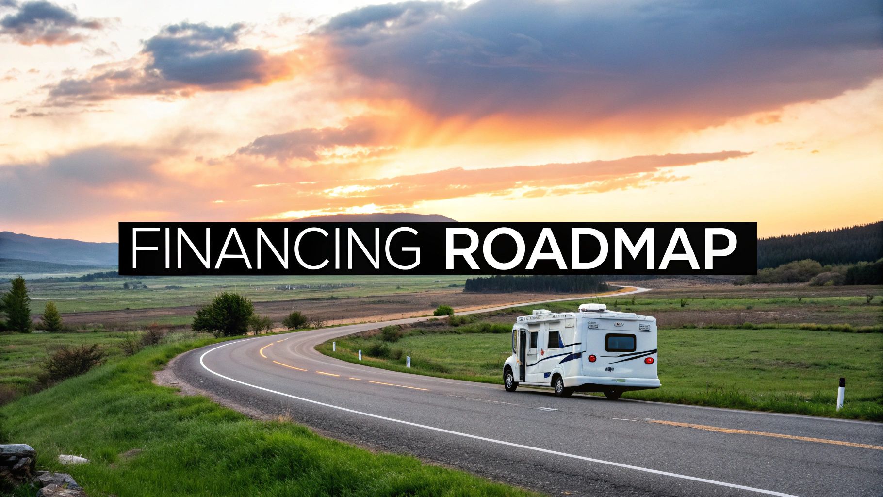 A happy couple enjoys the view from their camper parked in a scenic mountain location.