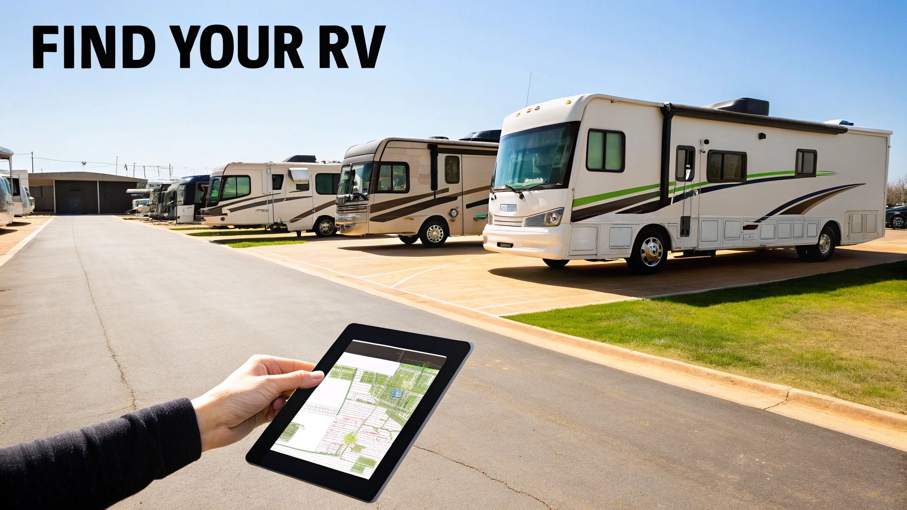 A Class A RV parked in a scenic mountain location, suggesting travel and adventure.