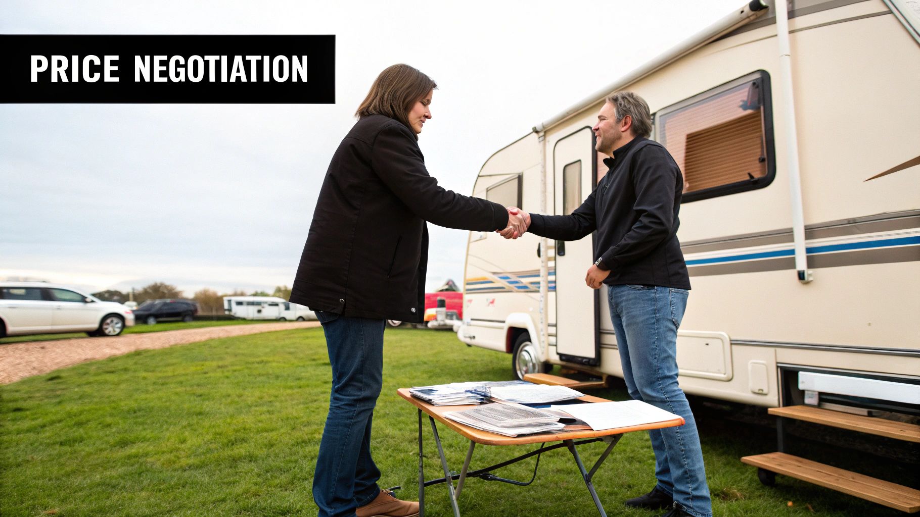 A smiling person accepting a set of RV keys from a seller in front of their new motorhome.