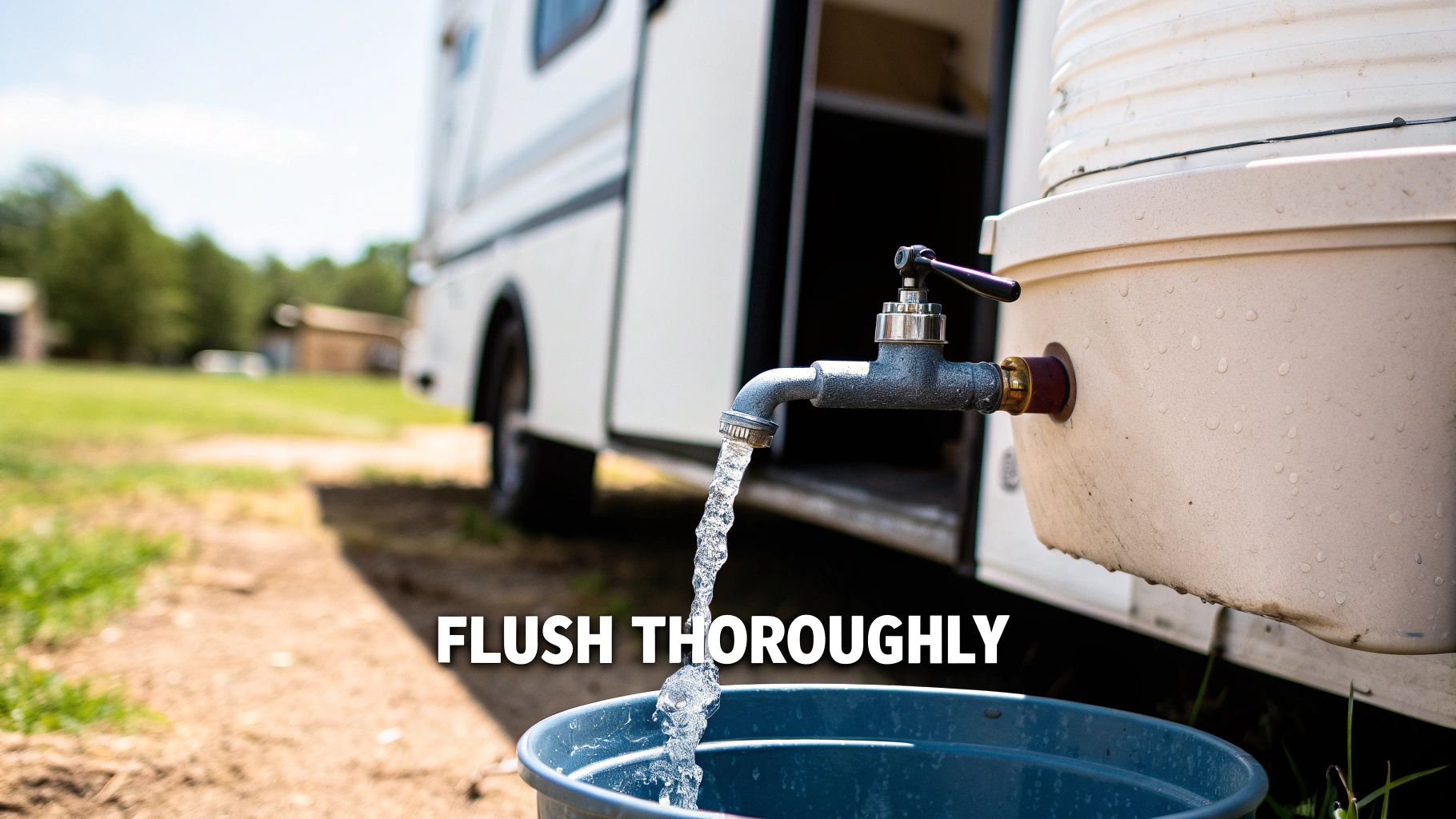A person outside their RV, holding a white fresh water hose