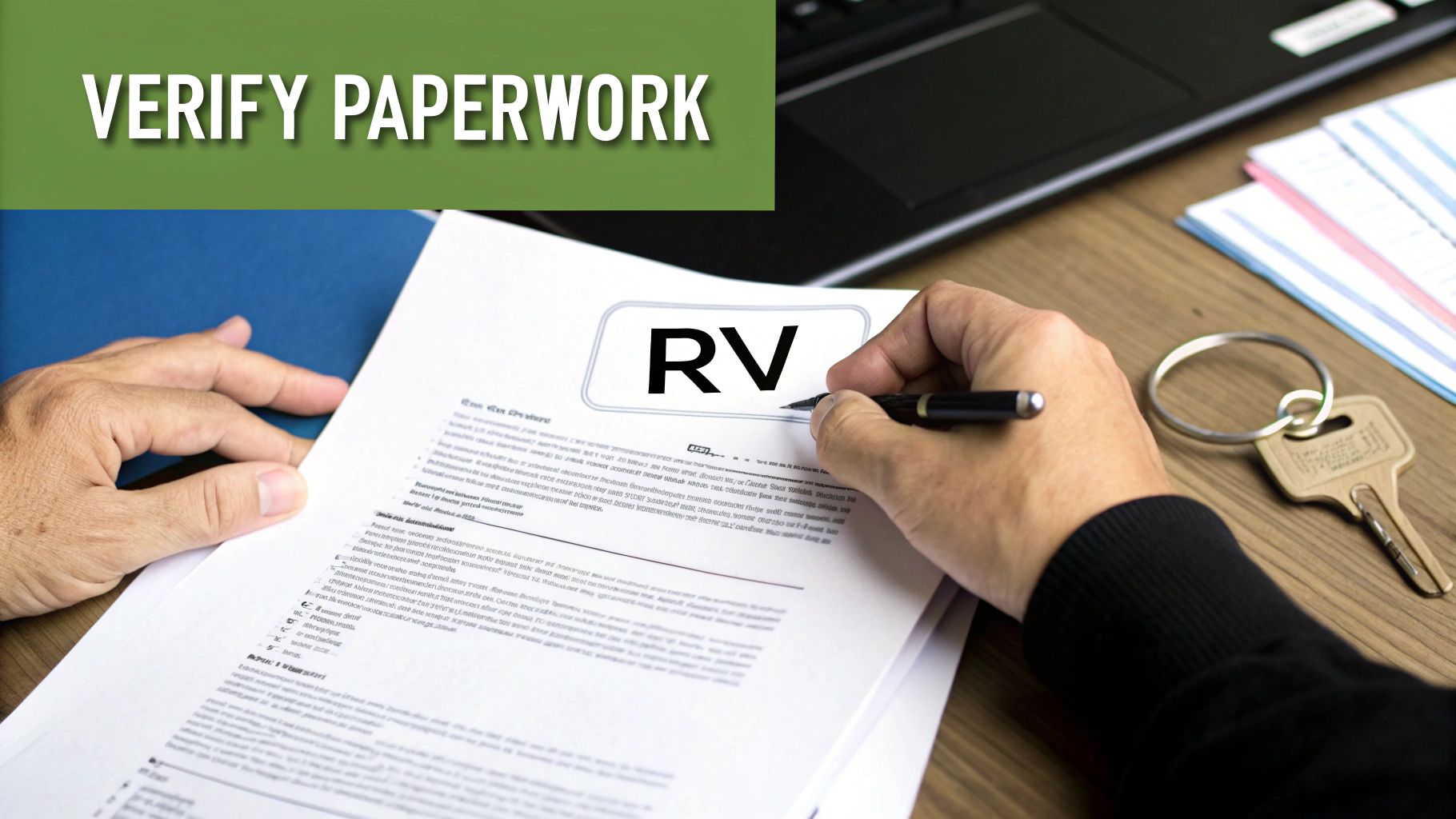 A person reviewing documents and a title for a used RV.