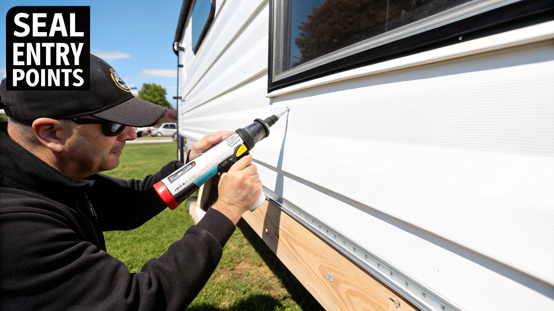 A well-maintained RV parked for the winter, covered and secure.