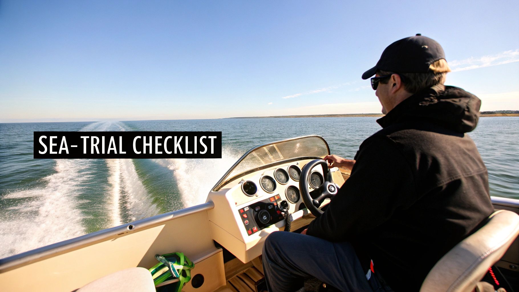A person driving a boat, creating a wake on the water.