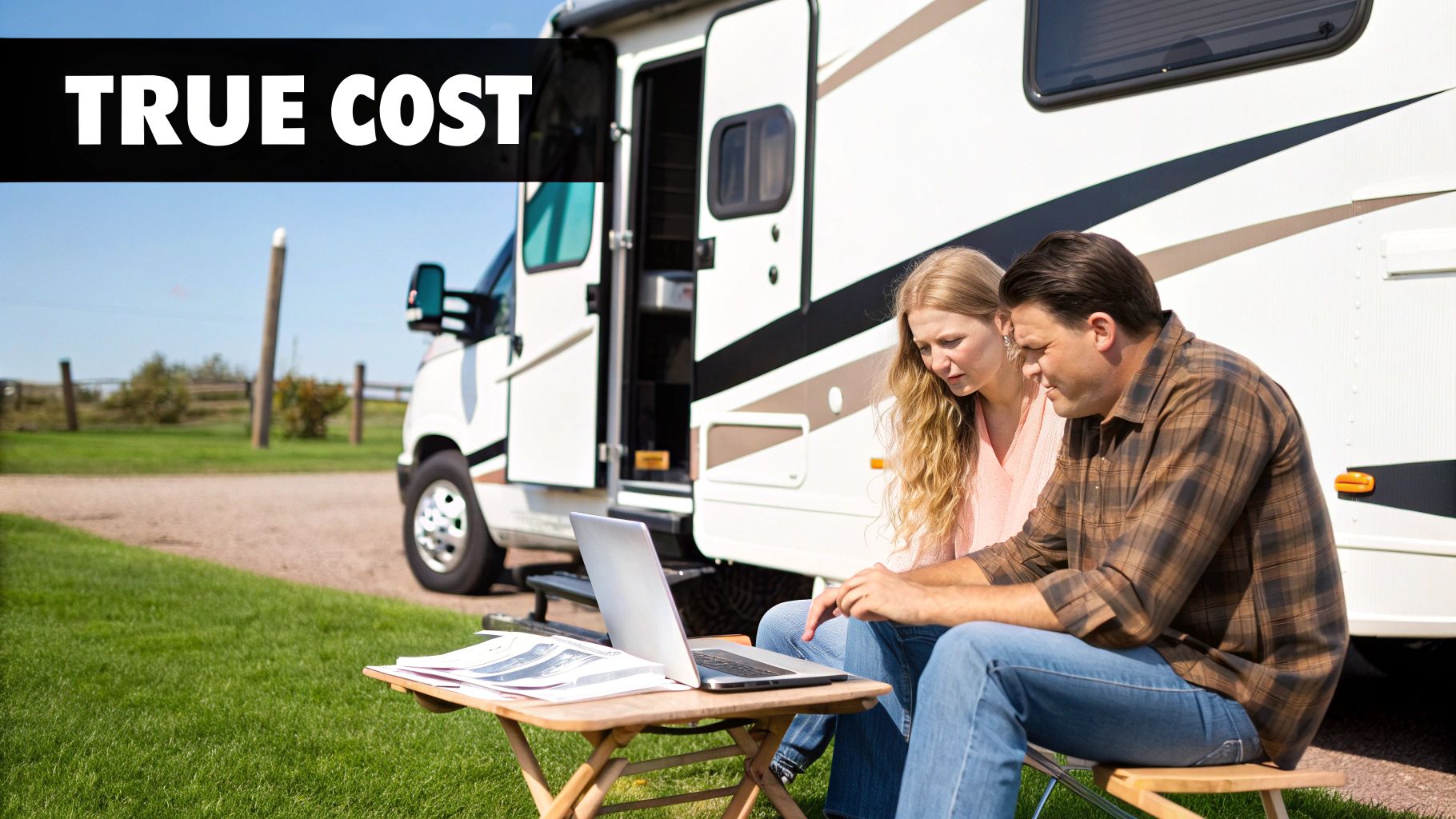 A person reviewing financial documents with a Class A motorhome visible in the background.