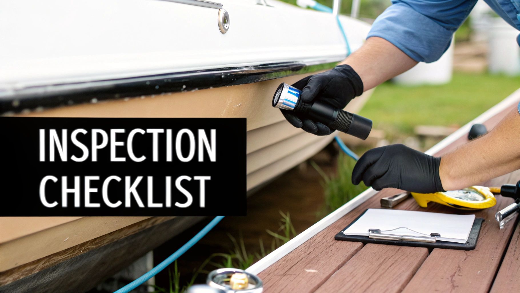 A detailed view of a person's hand checking the smooth, white hull of a used boat on a trailer.