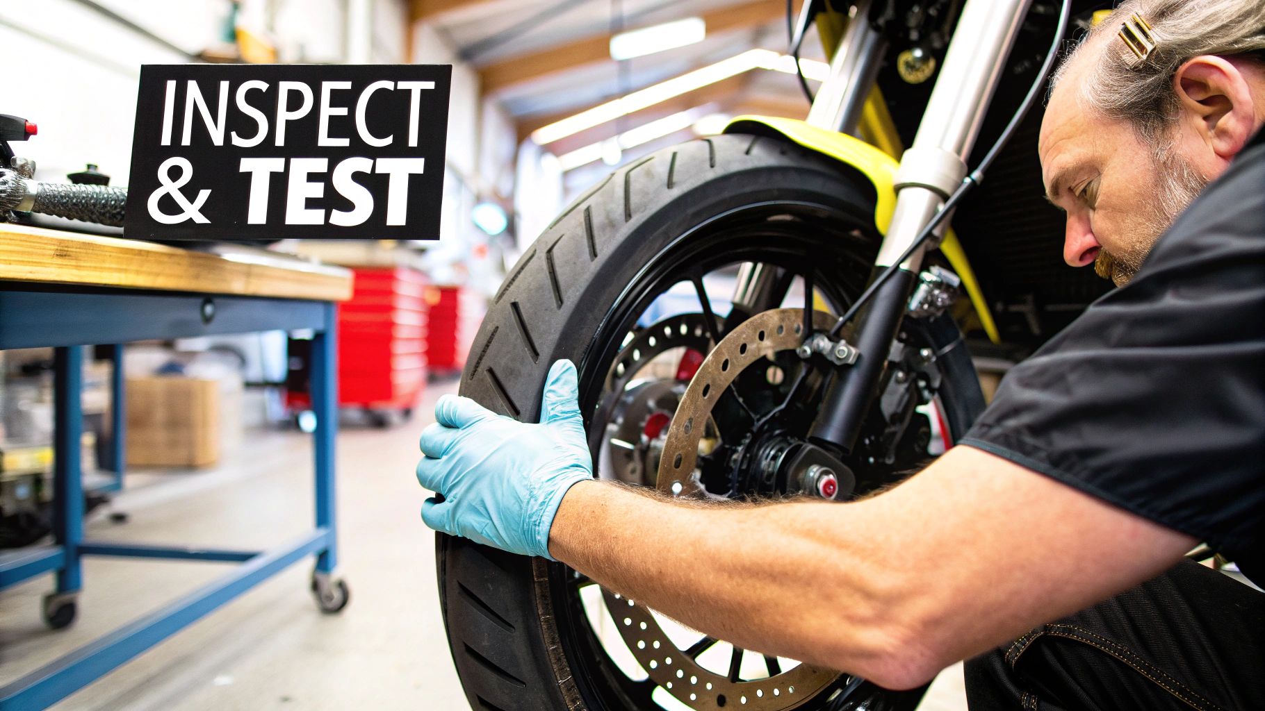 Man inspecting a motorcycle before buying