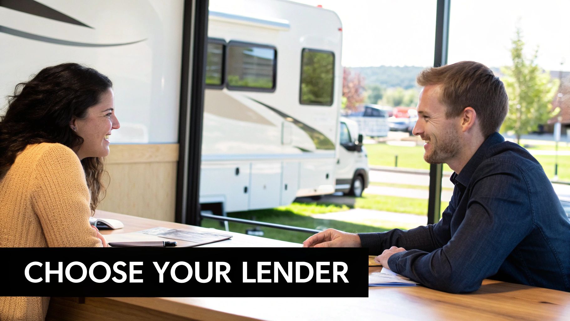 Couple happily planning their route in their new motorhome, highlighting the financing journey.