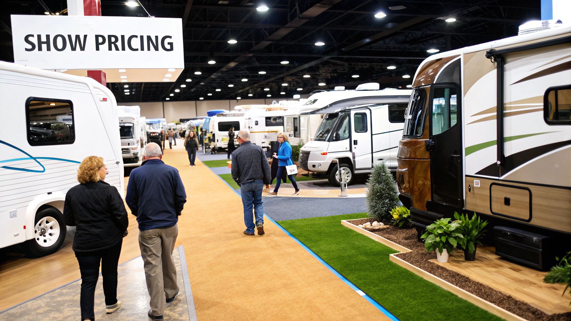 Several large RVs on display inside a convention center for an RV show.