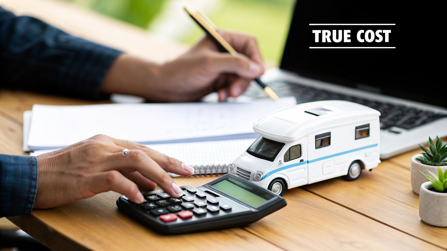 A person using a calculator with a notepad to budget for a camper purchase.