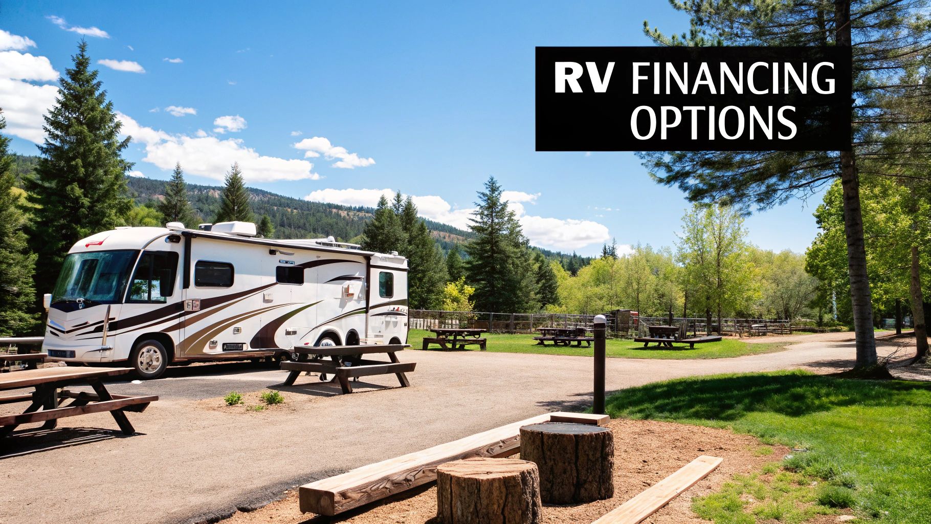 A couple relaxing in front of their modern RV parked in a scenic mountain location