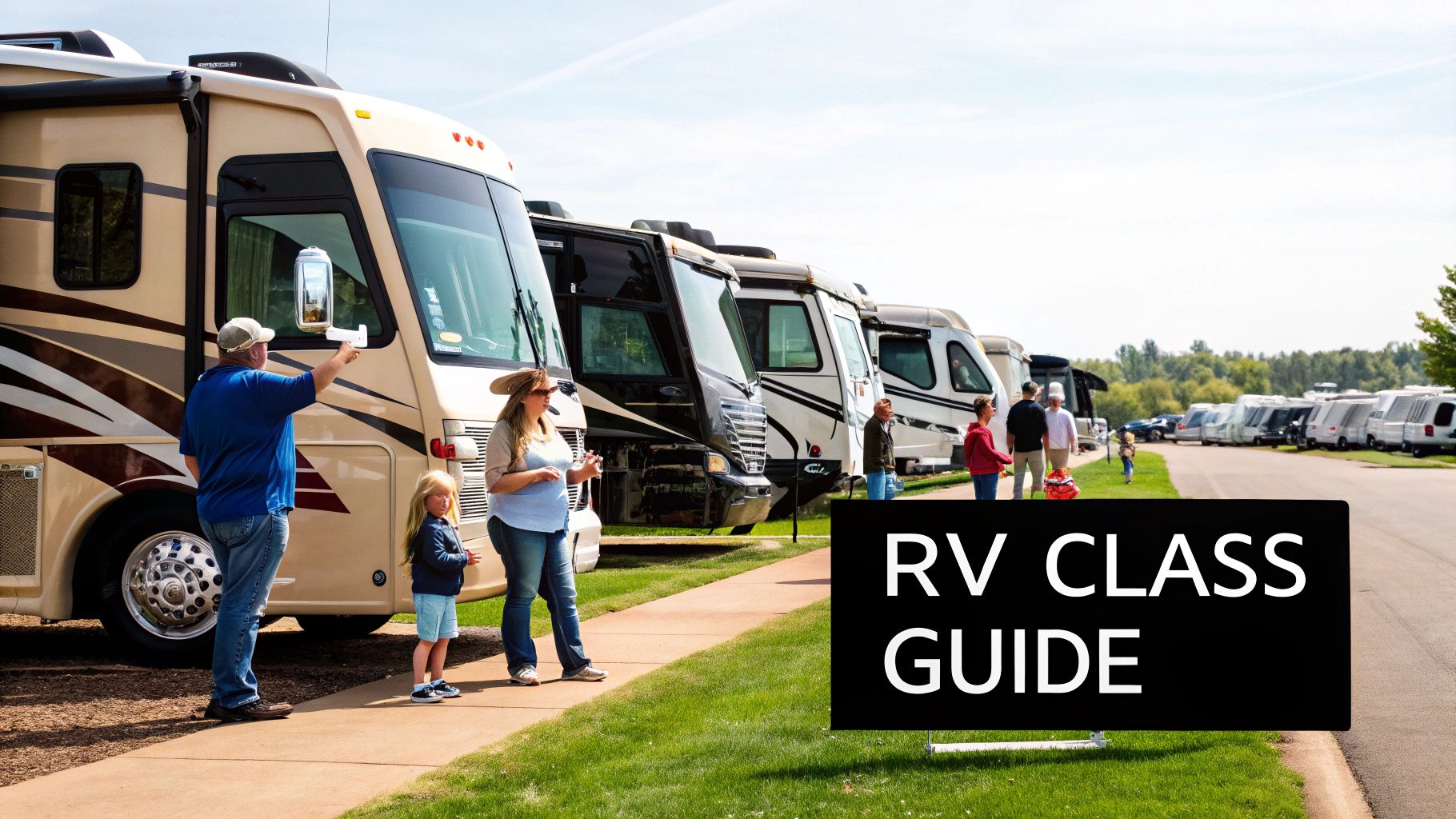 Family sitting by a Class C motorhome at a campsite