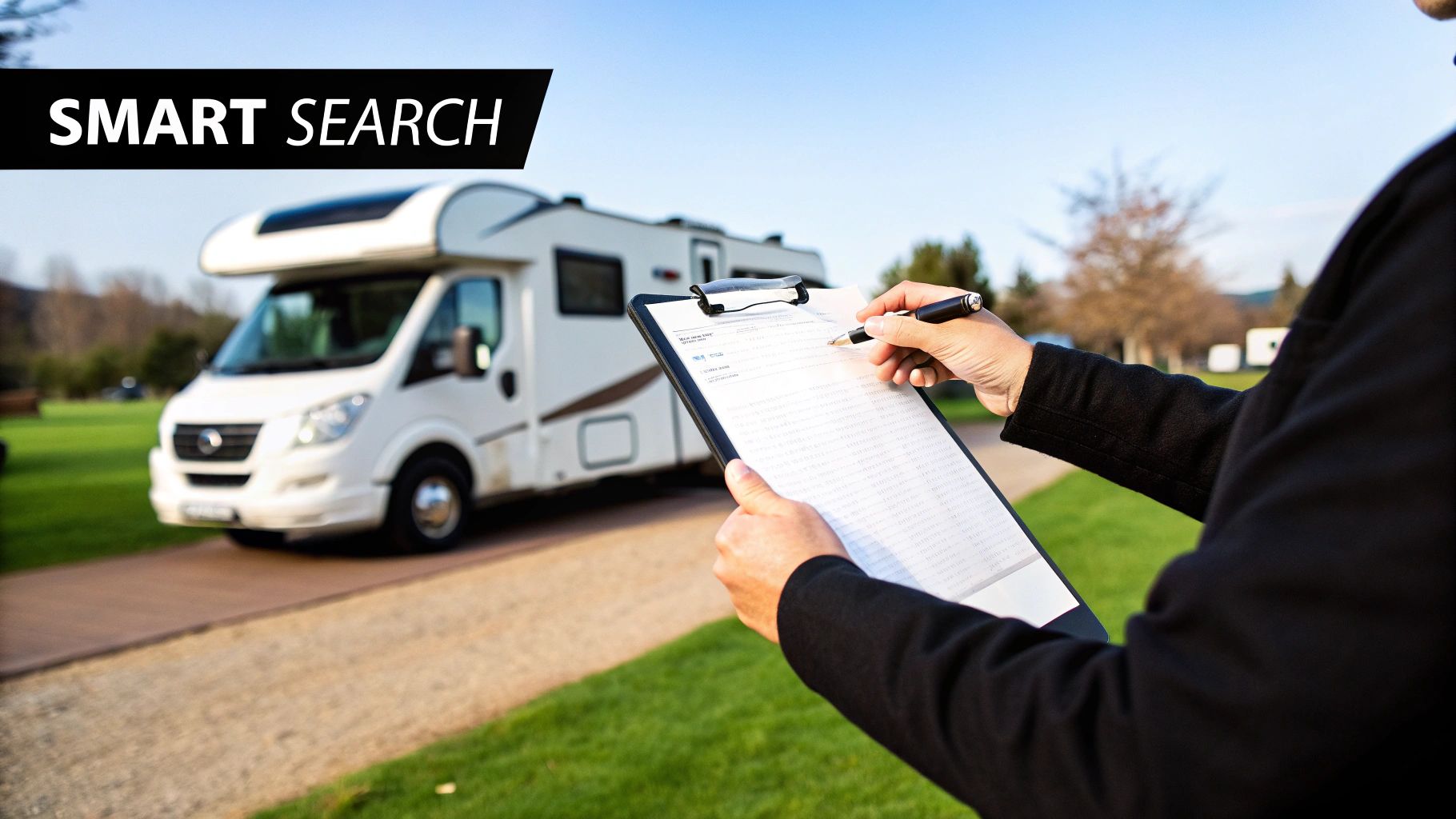 A person inspecting the side of a used RV in a dealership lot.