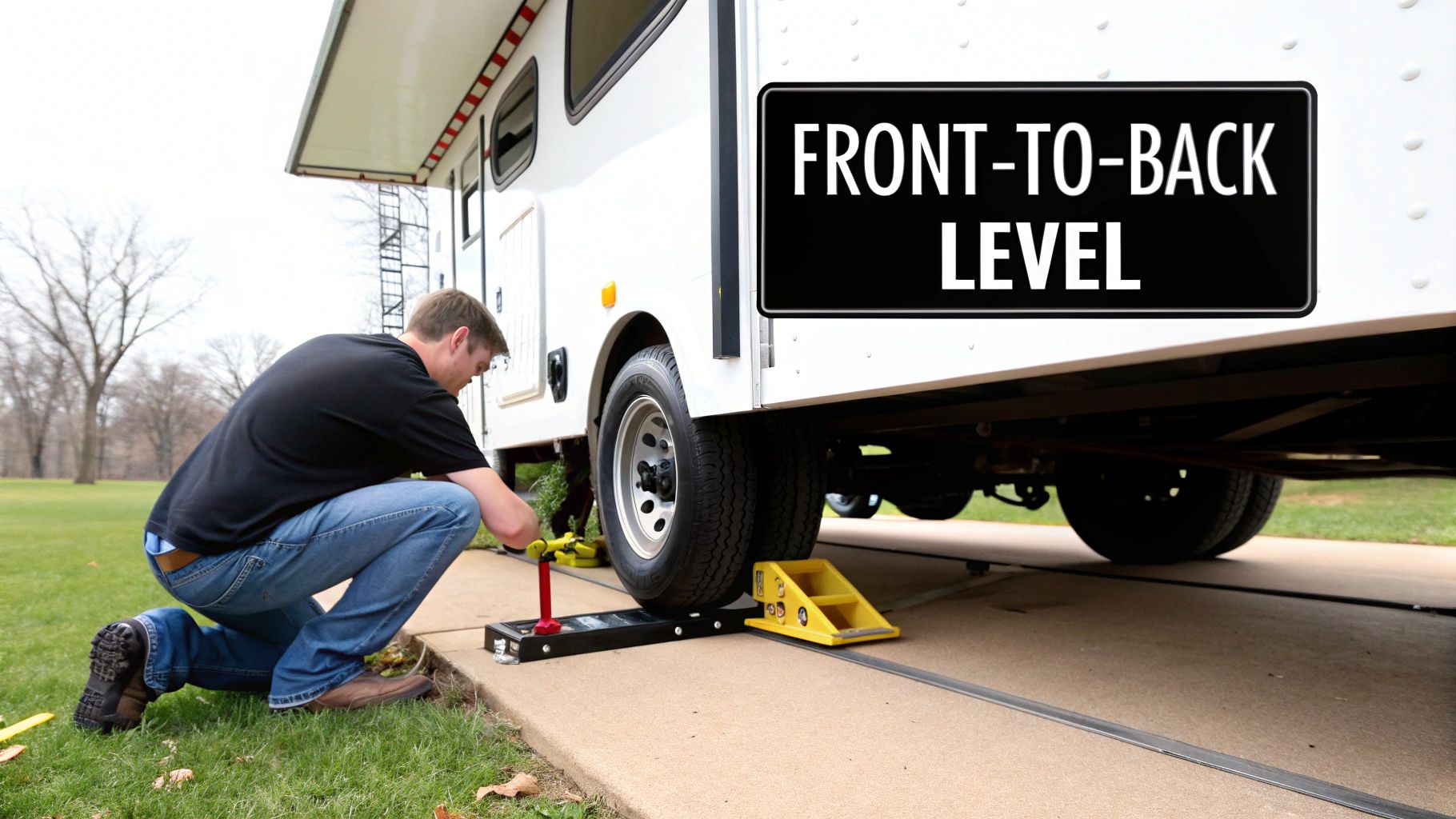 A travel trailer's tongue jack being adjusted at a campsite, with the trailer hitched to a truck.