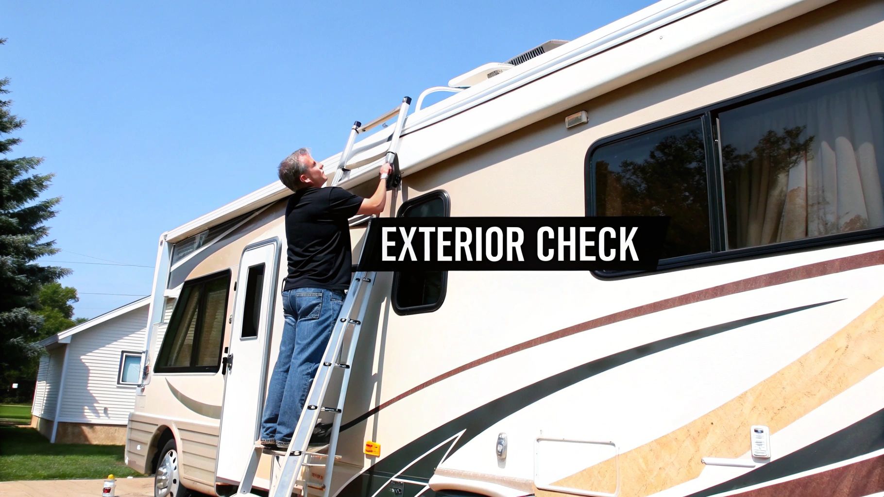A person inspecting the roof of a used RV.