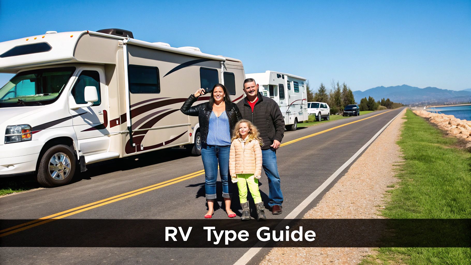 A family enjoying the view from the doorway of their RV in a scenic, wooded campground.