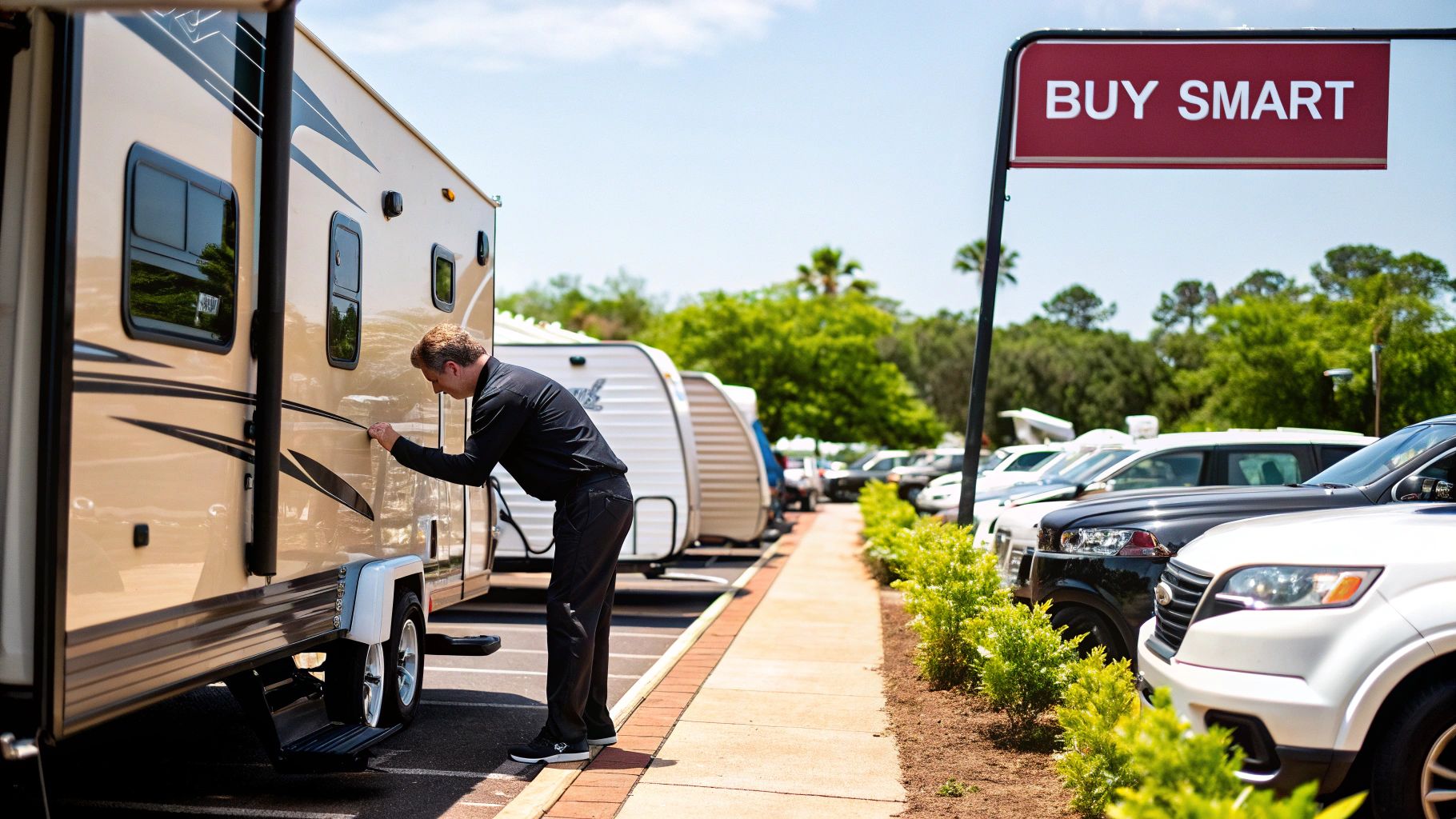 A person inspecting the tires of a used travel trailer before purchasing it