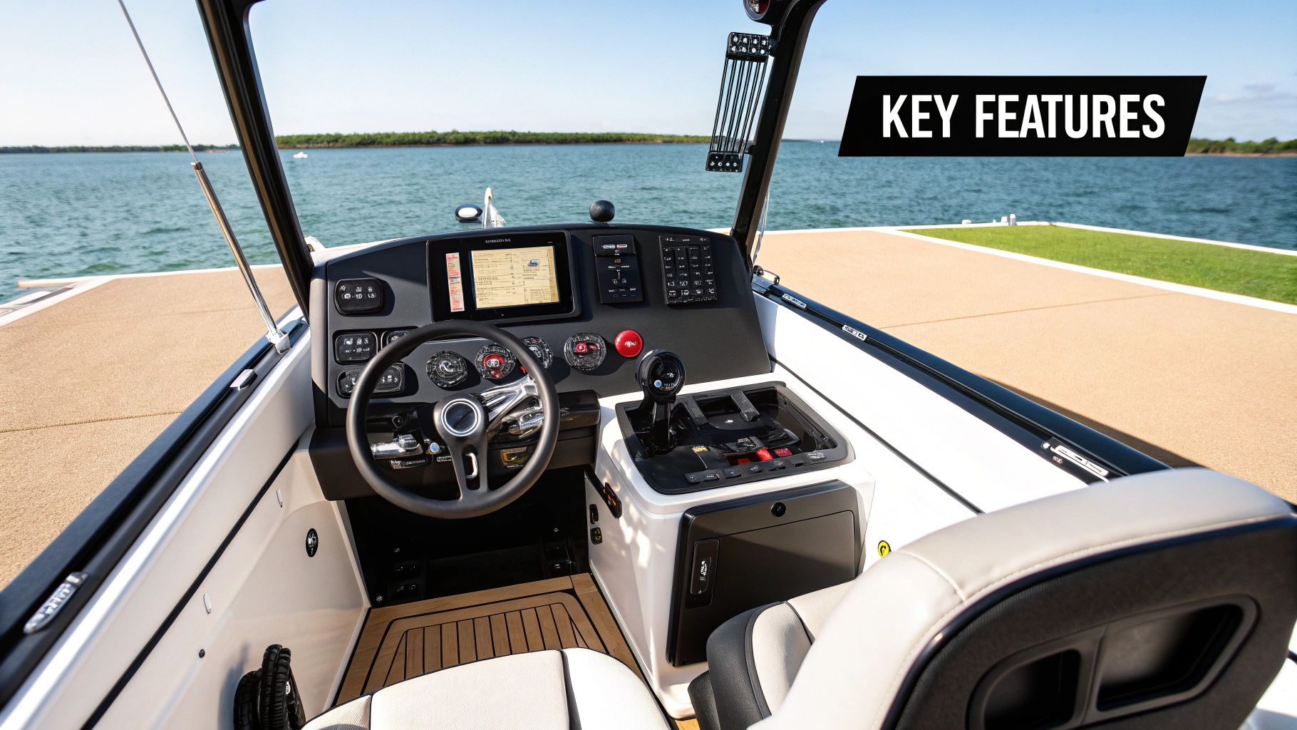 A close-up of a modern center console boat's helm and T-top