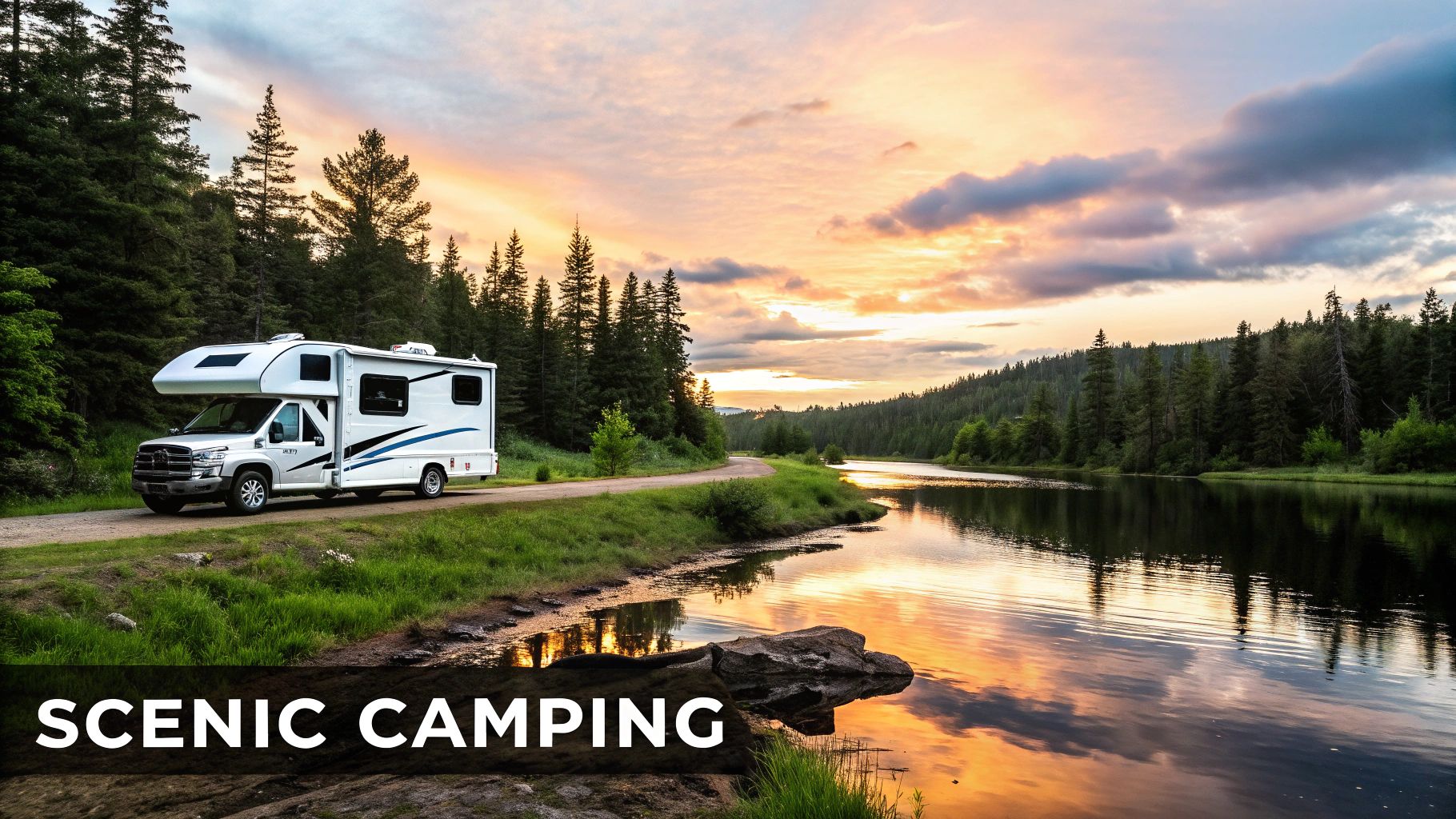 A couple relaxing in camping chairs outside their Forest River Sunseeker Class C RV at sunset.