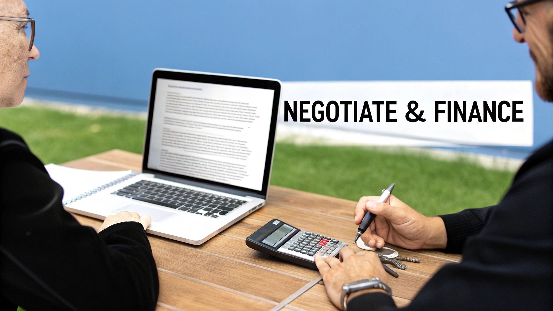 A person signing financing paperwork at a dealership desk with RV keys and a model RV nearby
