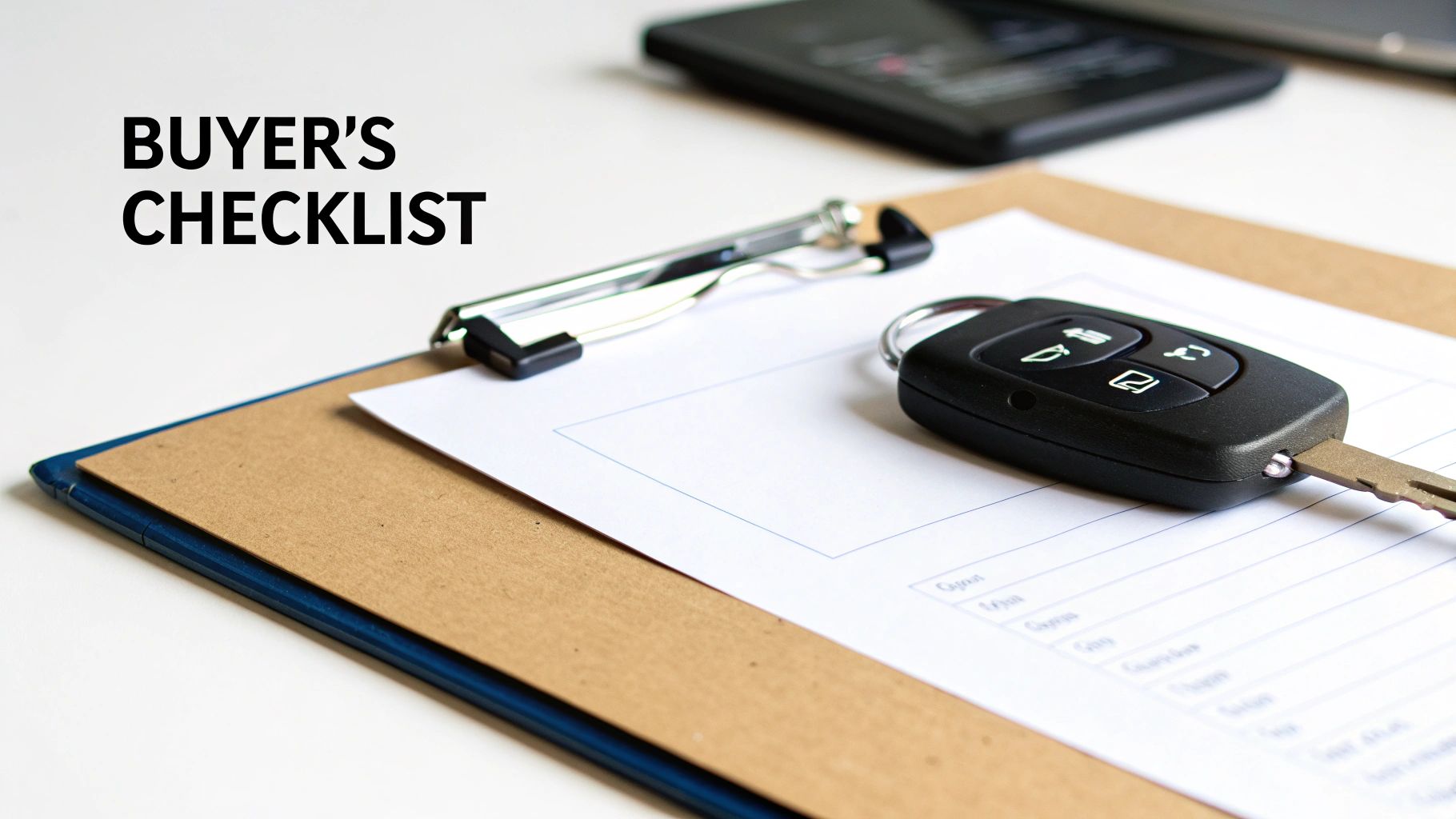 A person inspecting a used car with a checklist on a clipboard.
