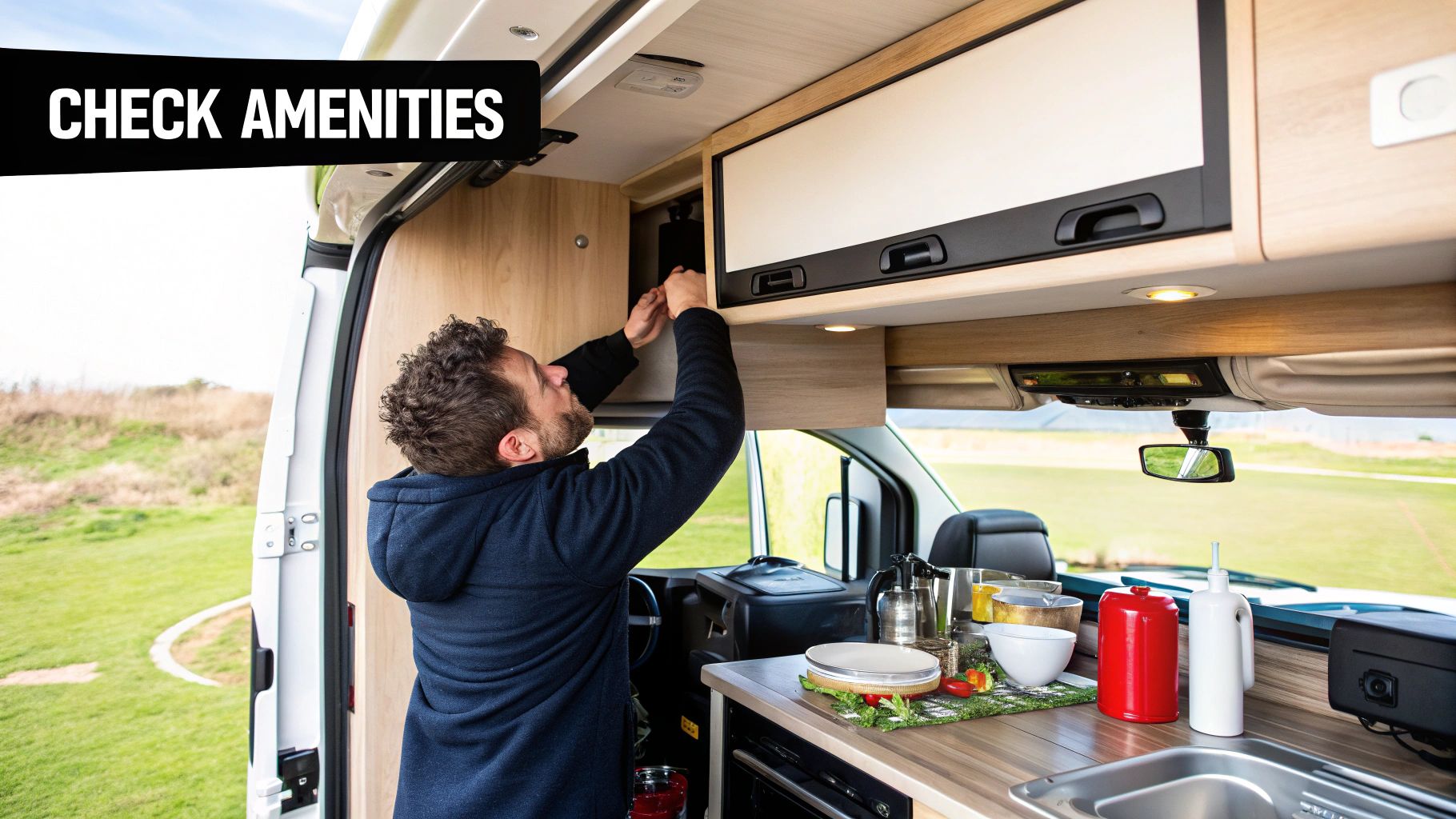 Couple signing paperwork at a desk to buy a motorhome