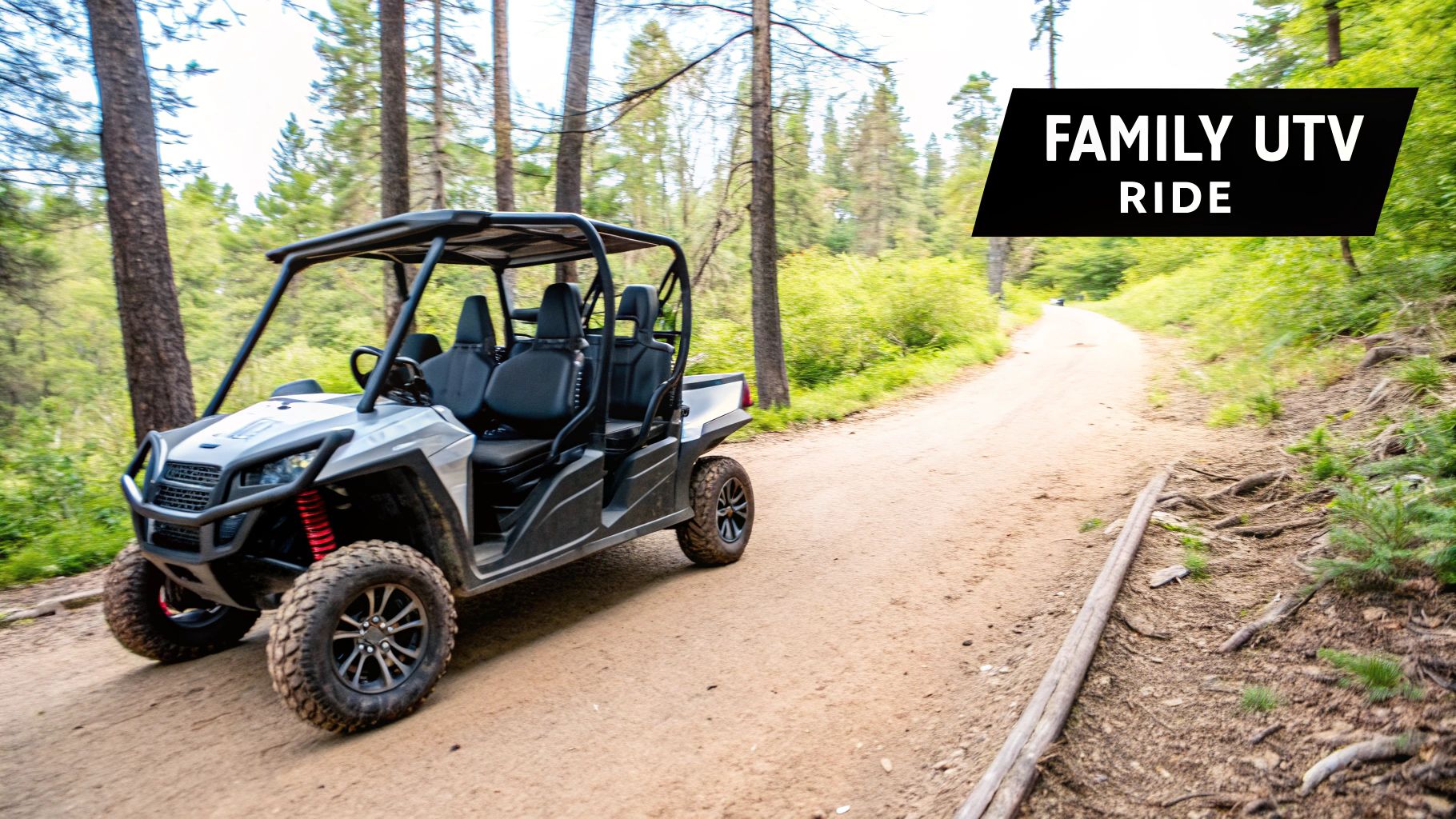 A side by side vehicle driving on a trail with a family inside