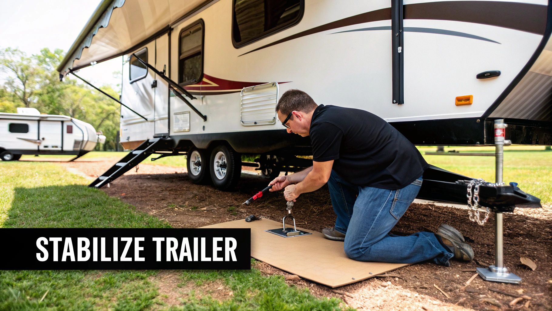 A person lowering a stabilizer jack on a travel trailer at a campsite.