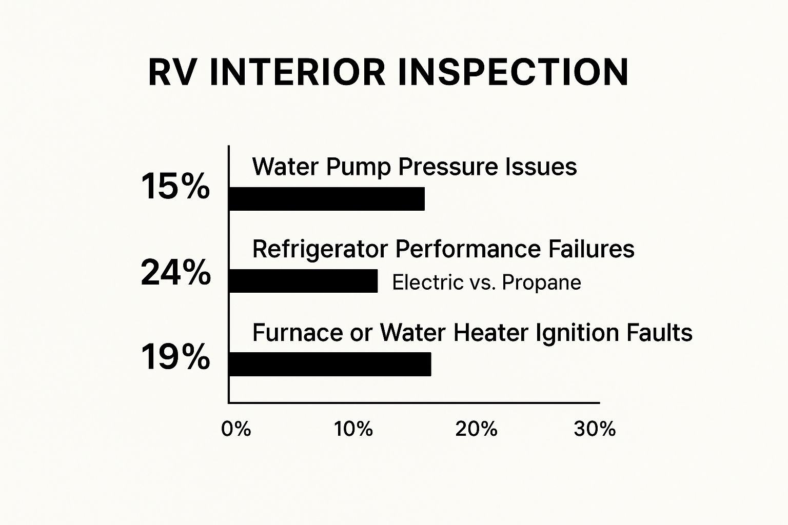 Infographic comparing common interior RV system failures like water pump issues, refrigerator failures, and furnace faults.