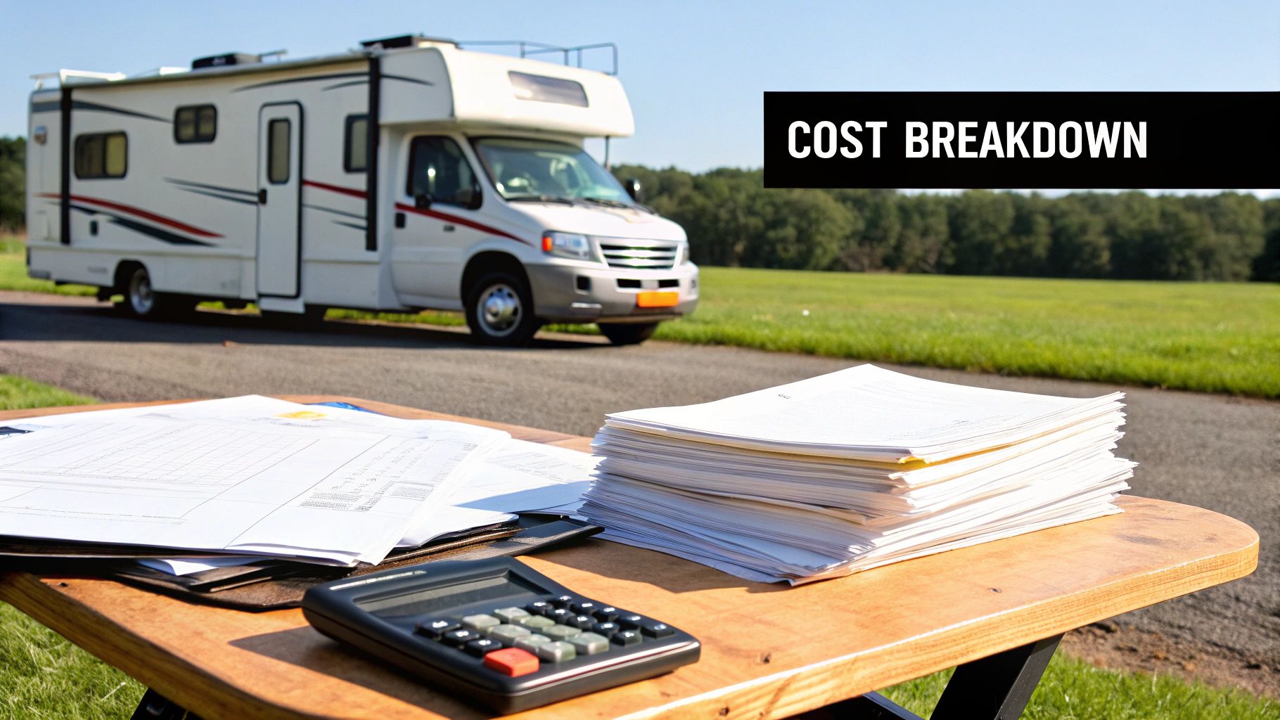 A calculator and pen resting on top of financial documents next to a small RV model.